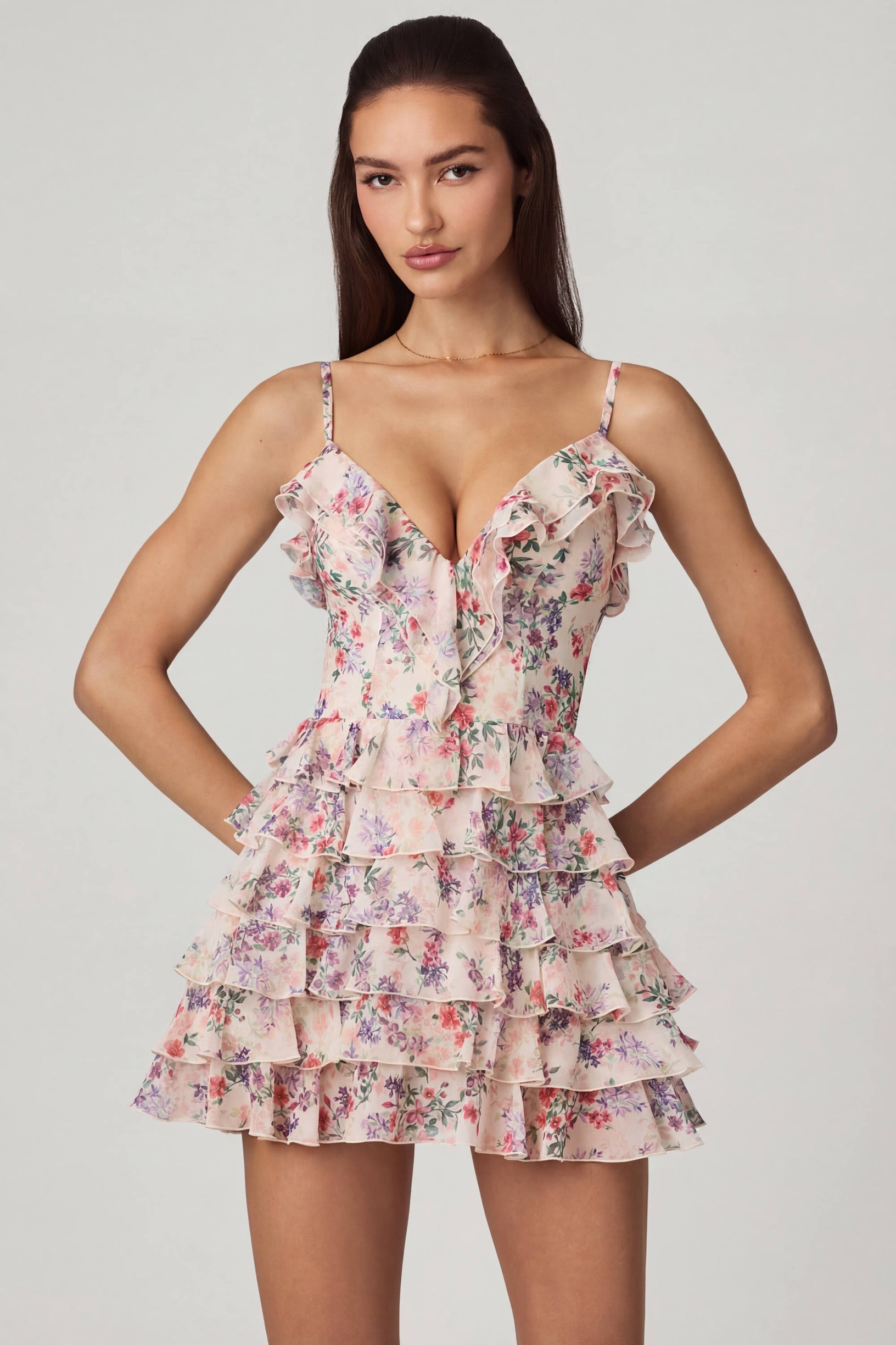 Ruffled Lace-Up A-Line Mini Dress in Primrose Floral Print - 1