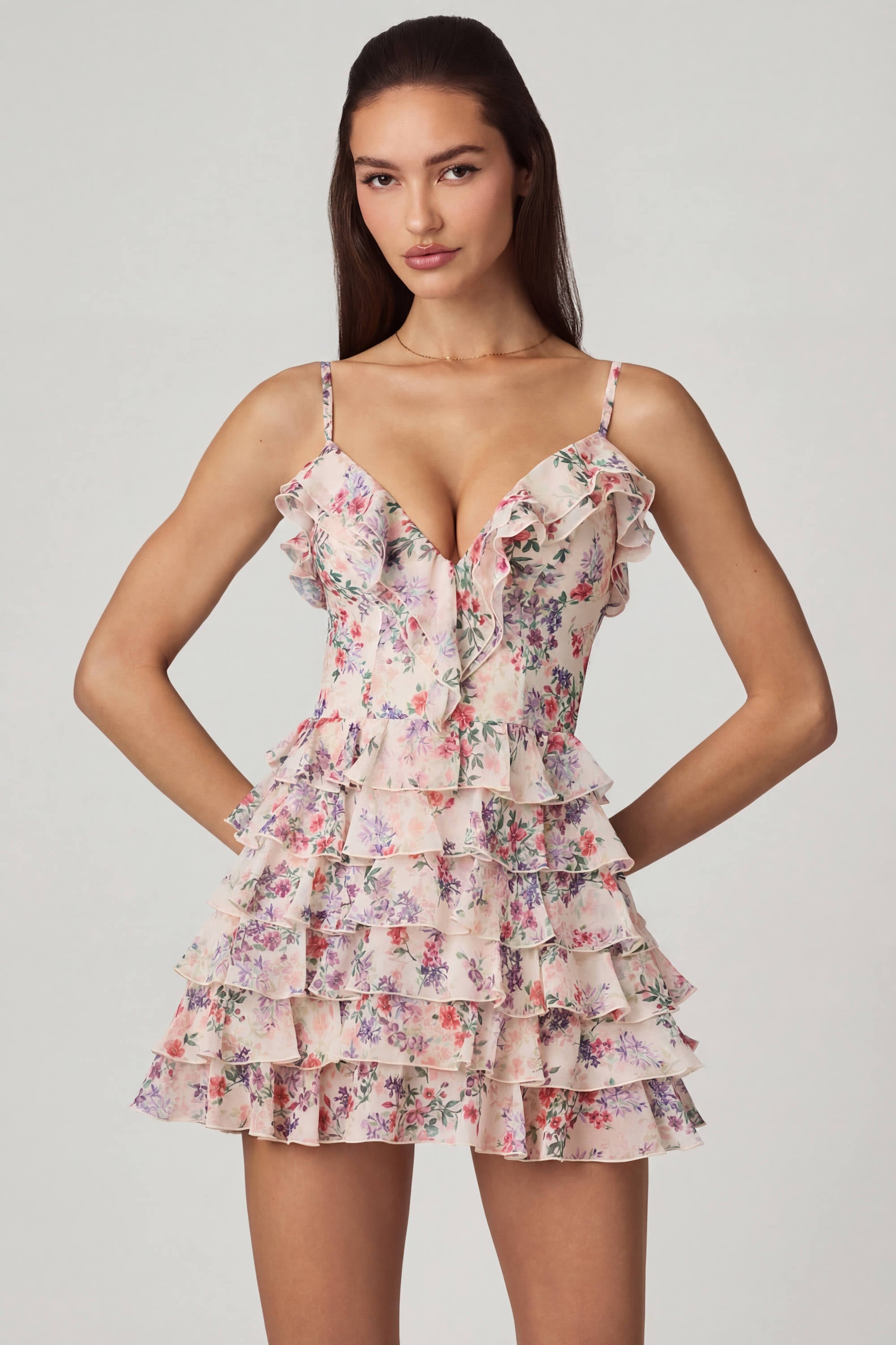 Ruffled Lace-Up A-Line Mini Dress in Primrose Floral Print - 1