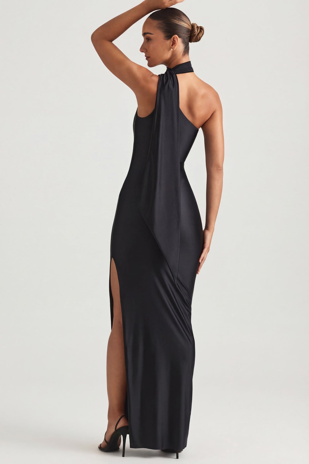Asymmetric Scarf-Detail Maxi Dress in Black - 3