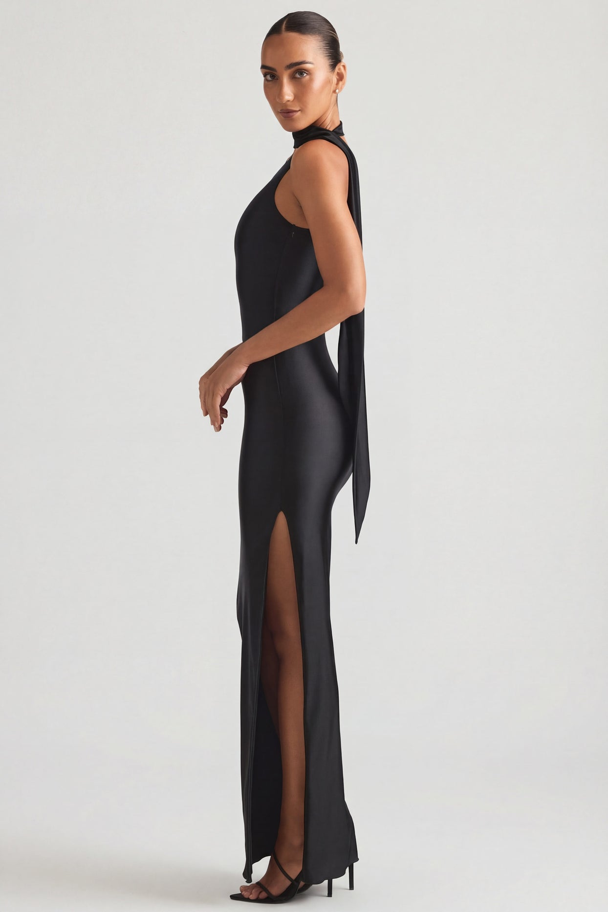 Asymmetric Scarf-Detail Maxi Dress in Black - 5