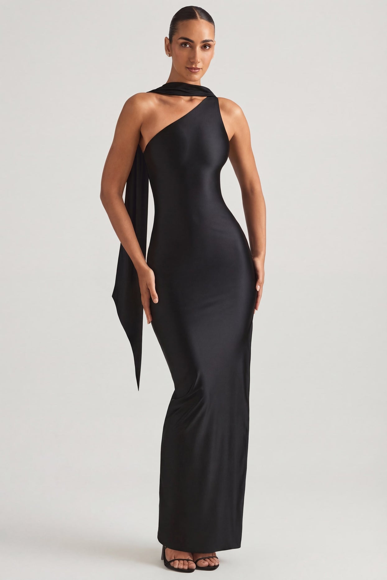 Asymmetric Scarf-Detail Maxi Dress in Black - 6