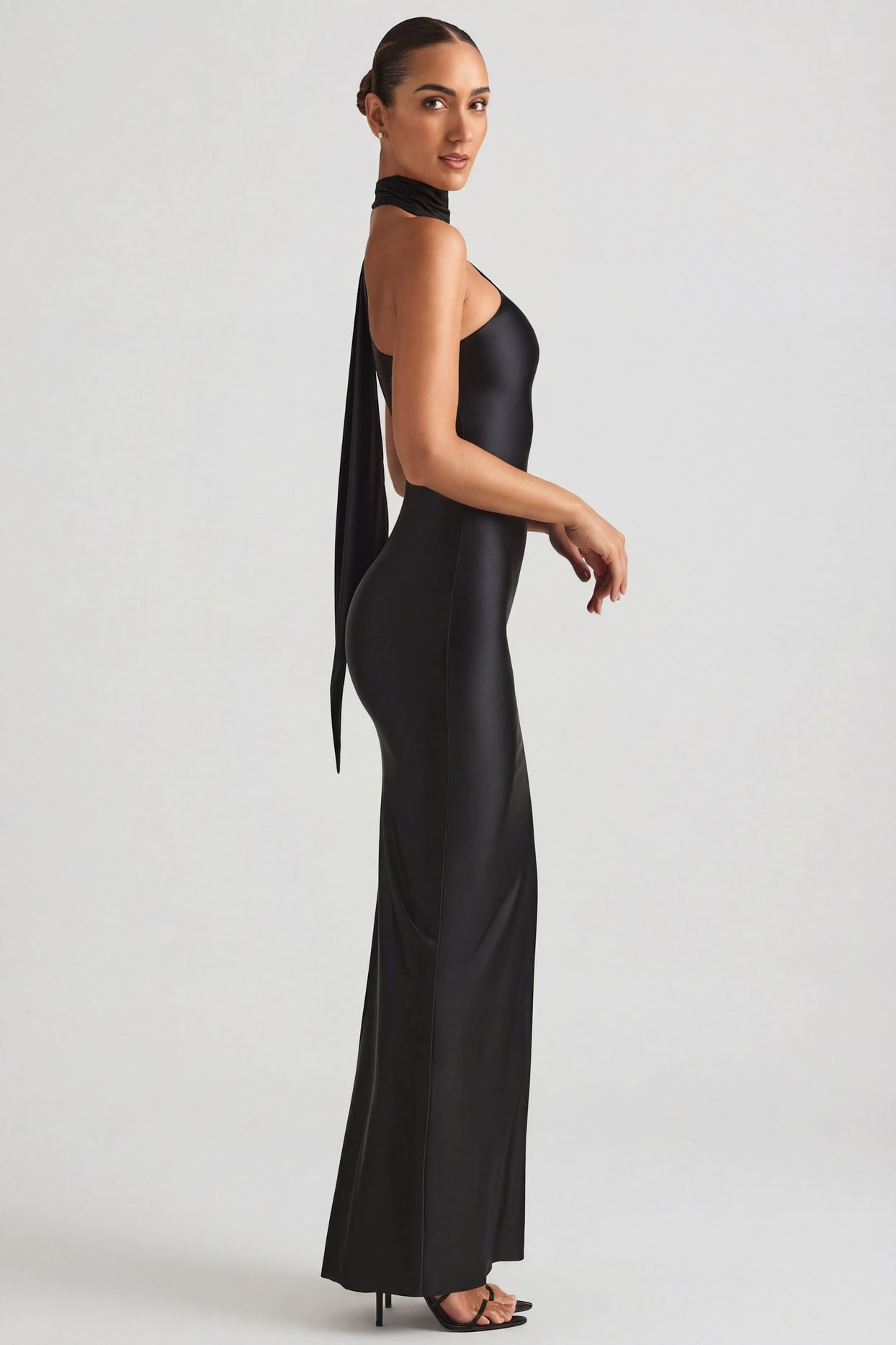 Asymmetric Scarf-Detail Maxi Dress in Black - 7