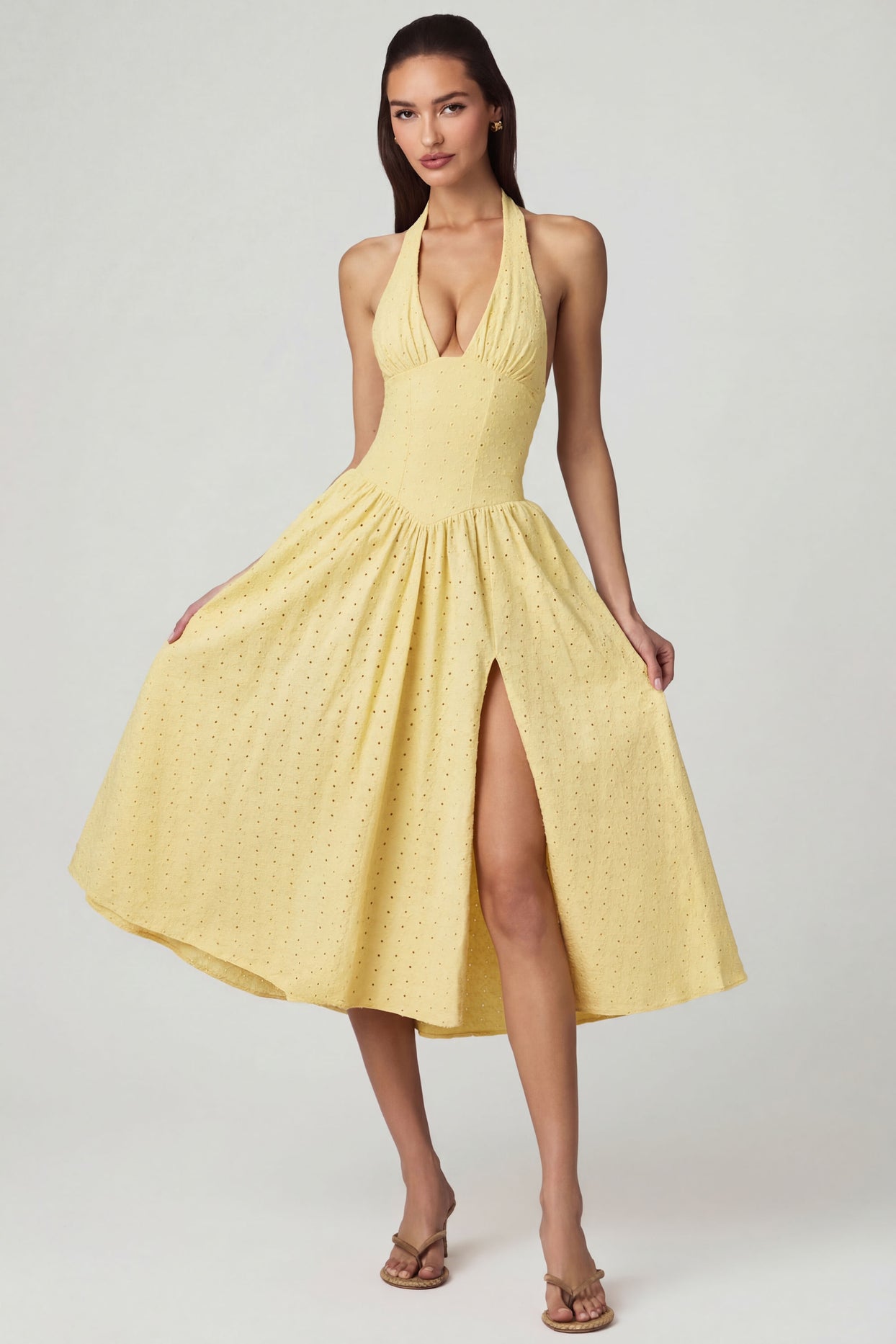 Modal Broderie Anglaise Halterneck Midaxi Dress in Lemon Yellow - 5