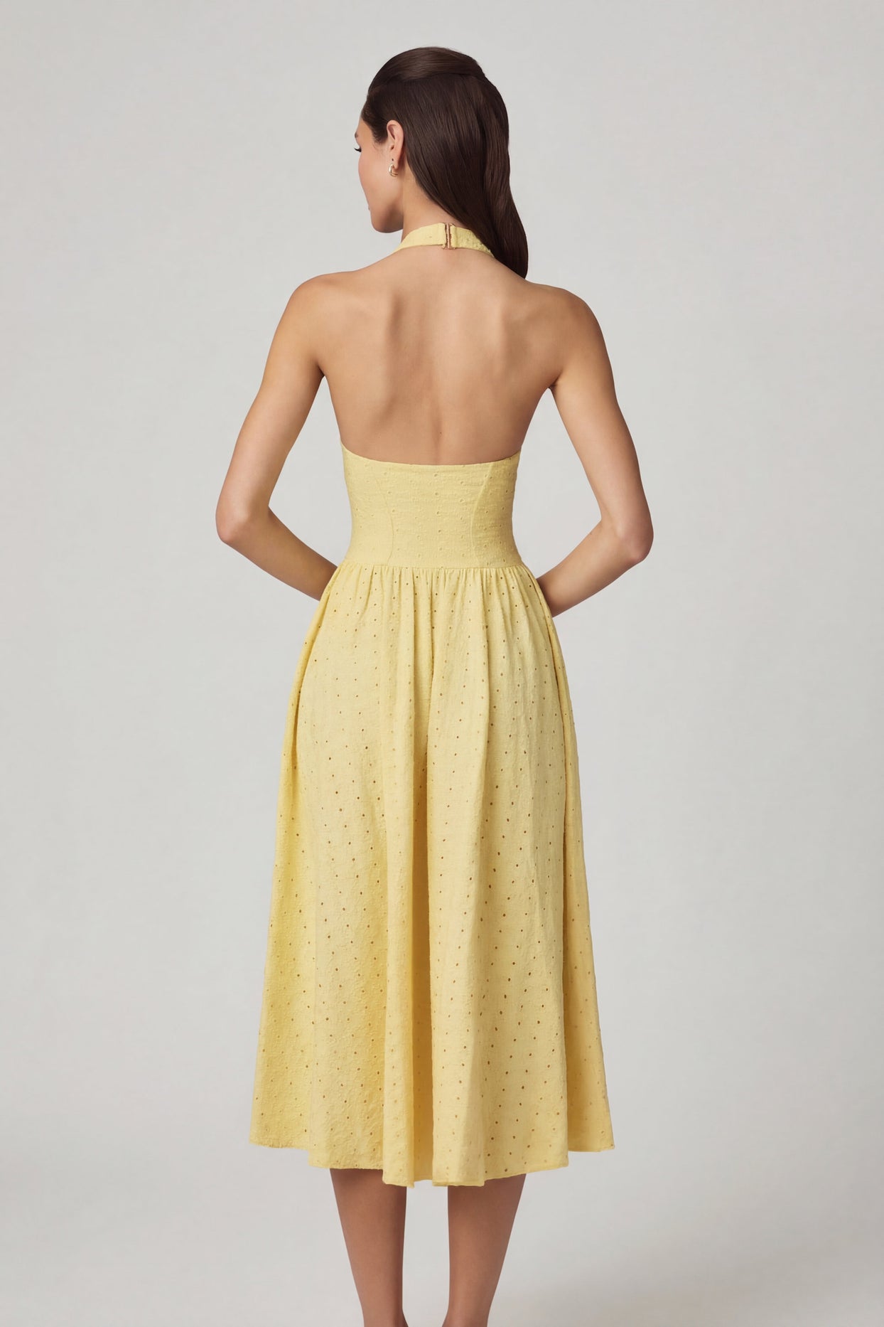 Modal Broderie Anglaise Halterneck Midaxi Dress in Lemon Yellow - 3