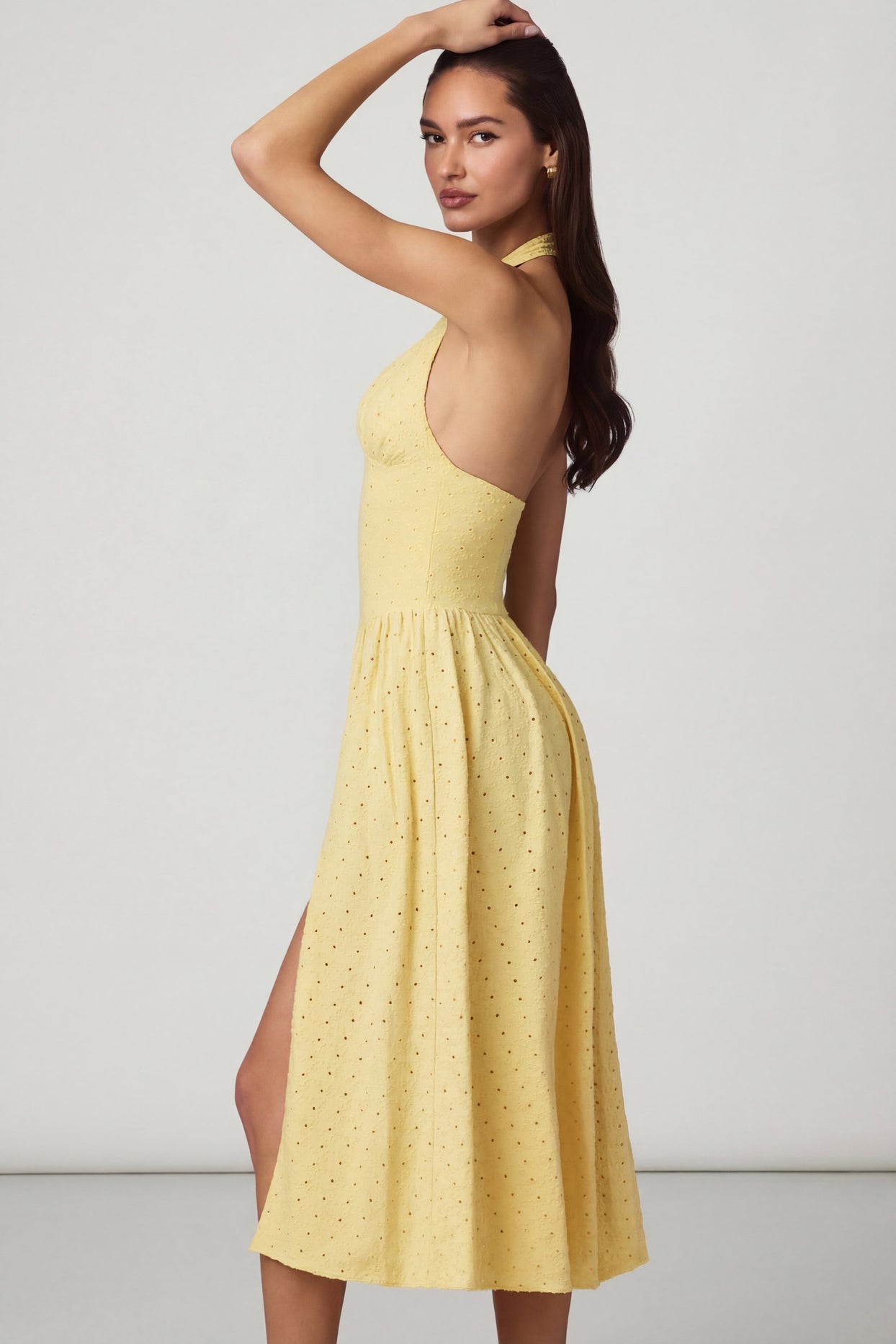 Modal Broderie Anglaise Halterneck Midaxi Dress in Lemon Yellow - 6