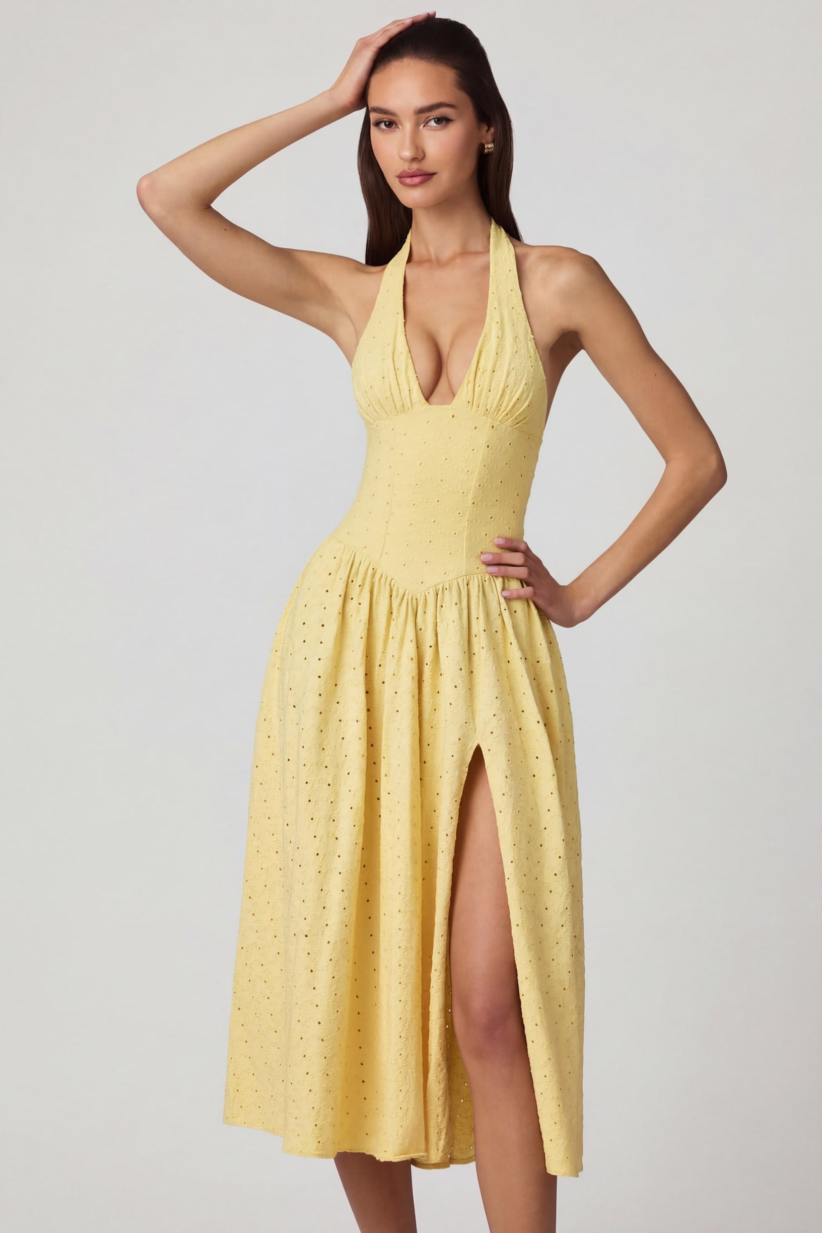 Modal Broderie Anglaise Halterneck Midaxi Dress in Lemon Yellow - 1
