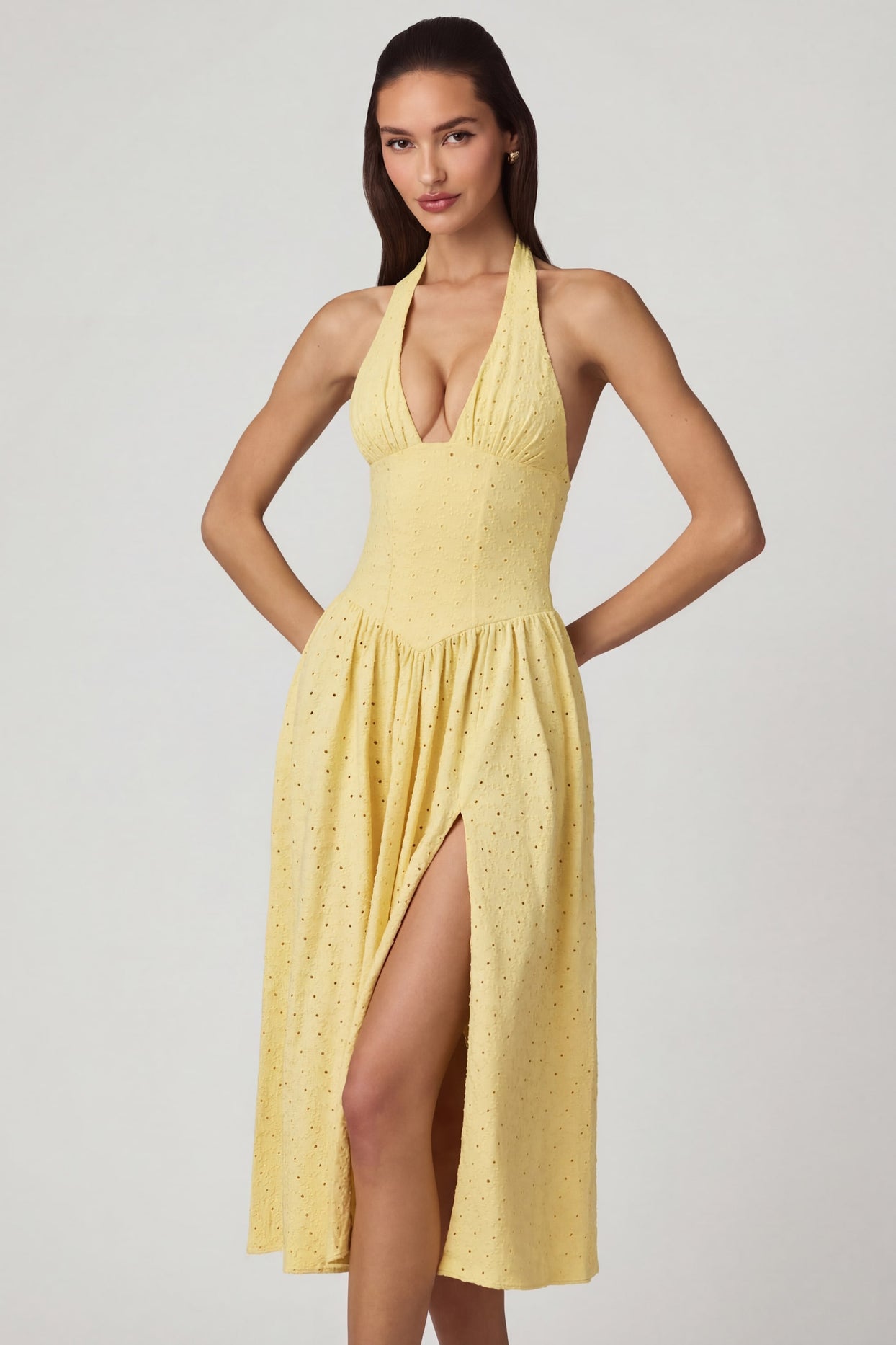 Modal Broderie Anglaise Halterneck Midaxi Dress in Lemon Yellow - 7