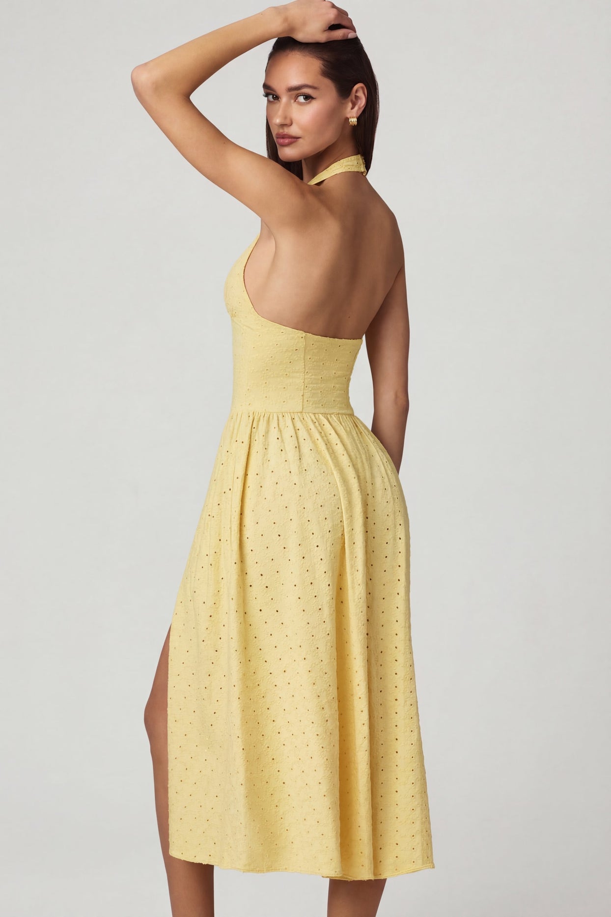 Modal Broderie Anglaise Halterneck Midaxi Dress in Lemon Yellow - 2