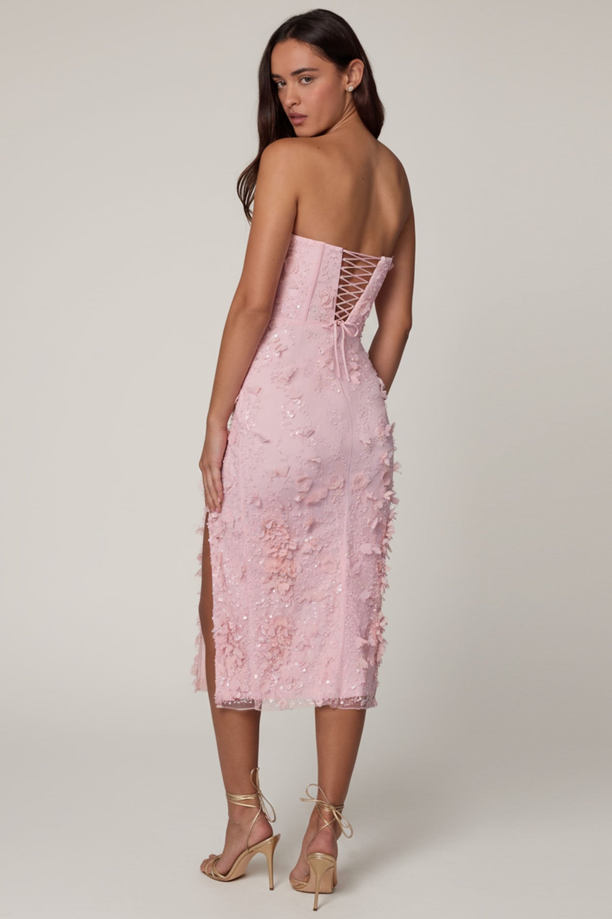 Lace-Up Corset Midaxi Dress with Split in Soft Pink - 2