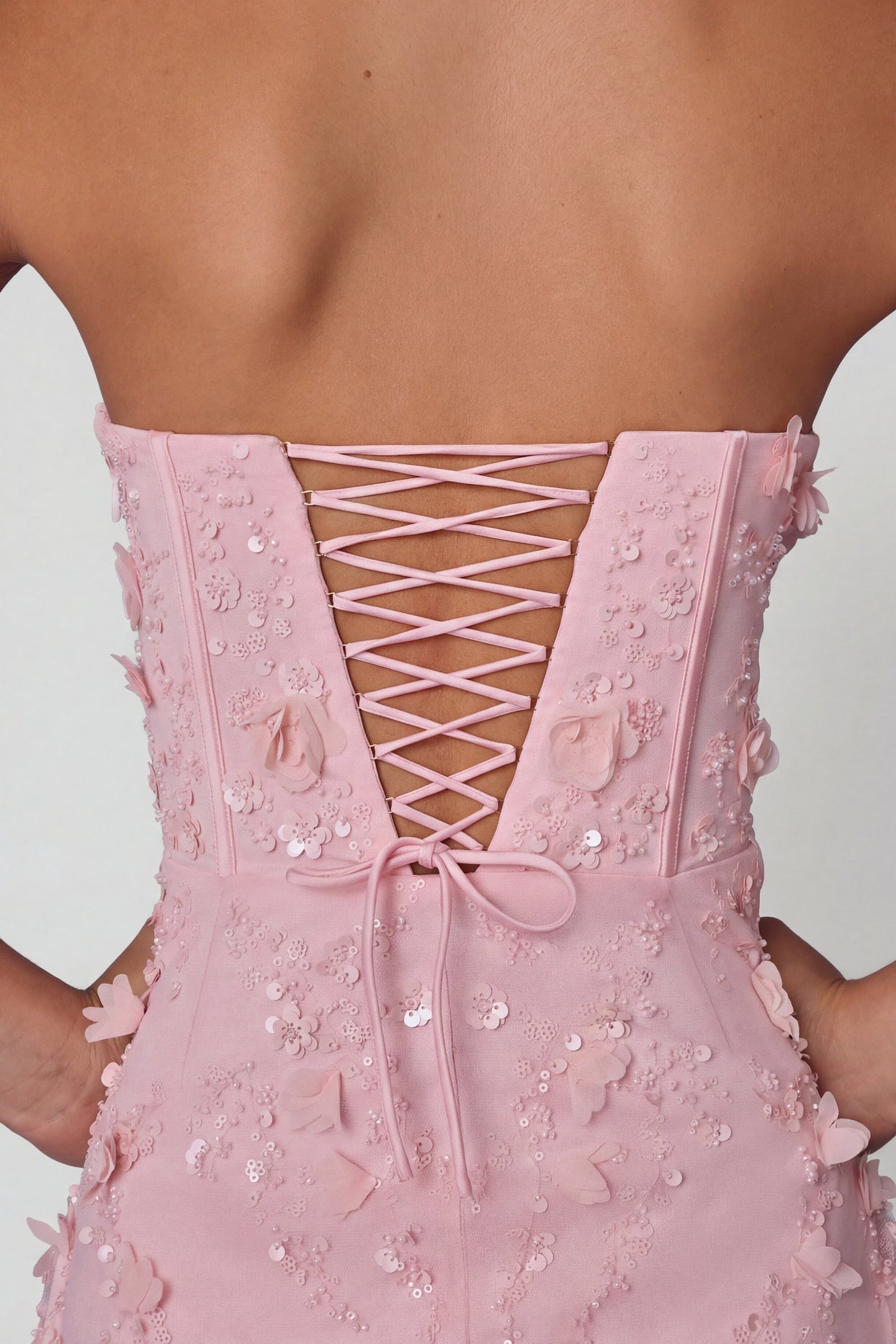 Lace-Up Corset Midaxi Dress with Split in Soft Pink - 4