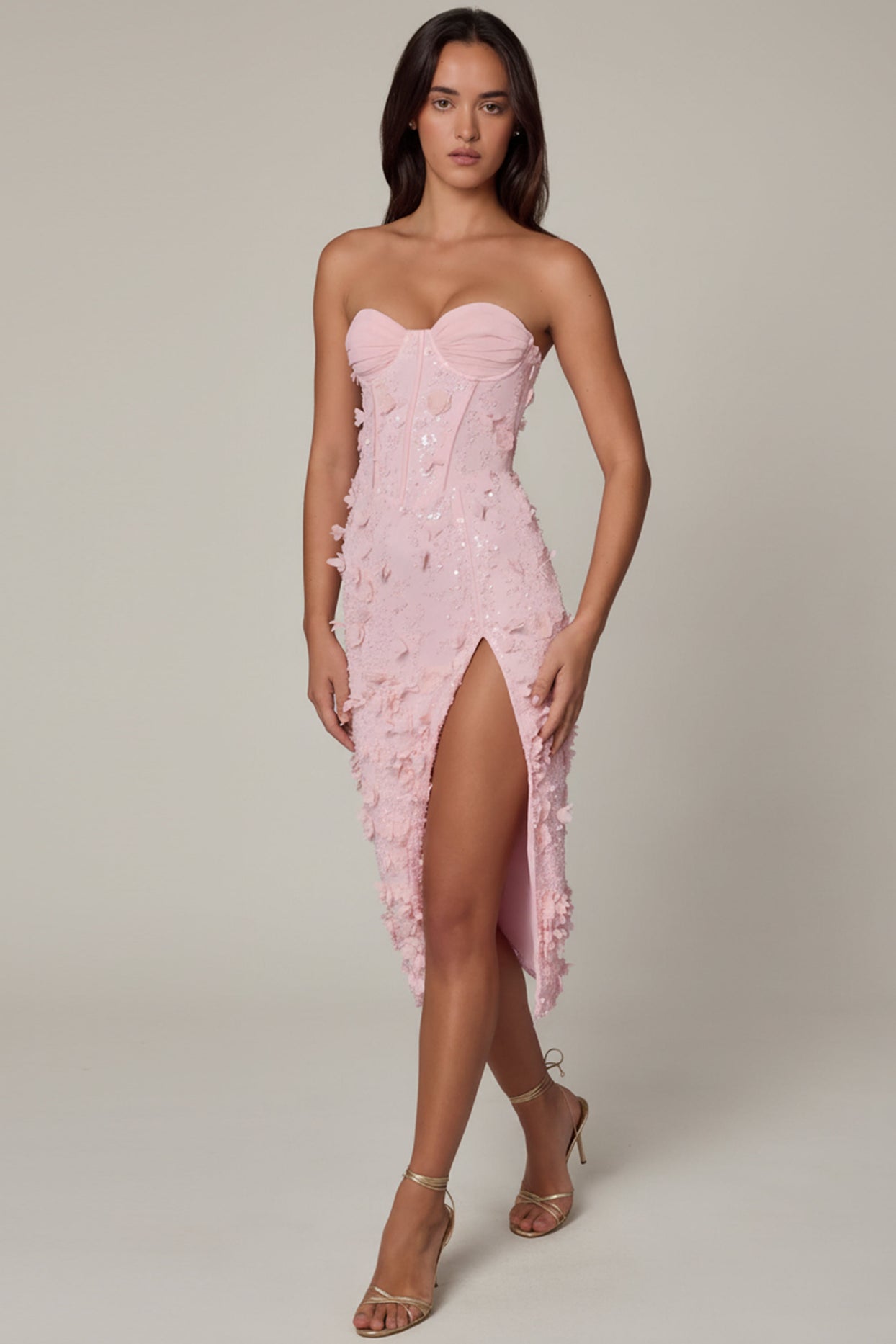 Lace-Up Corset Midaxi Dress with Split in Soft Pink - 6
