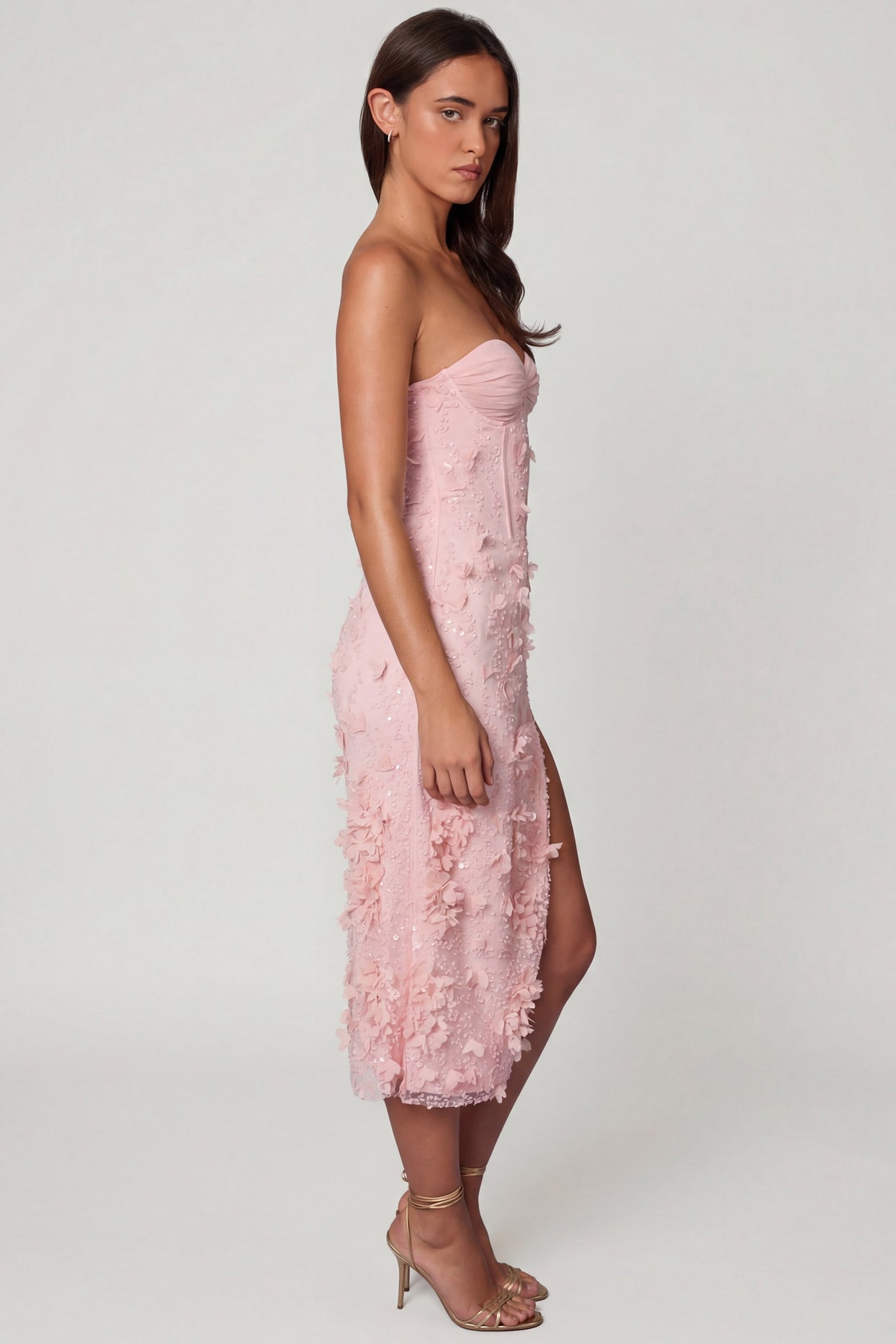 Lace-Up Corset Midaxi Dress with Split in Soft Pink - 8