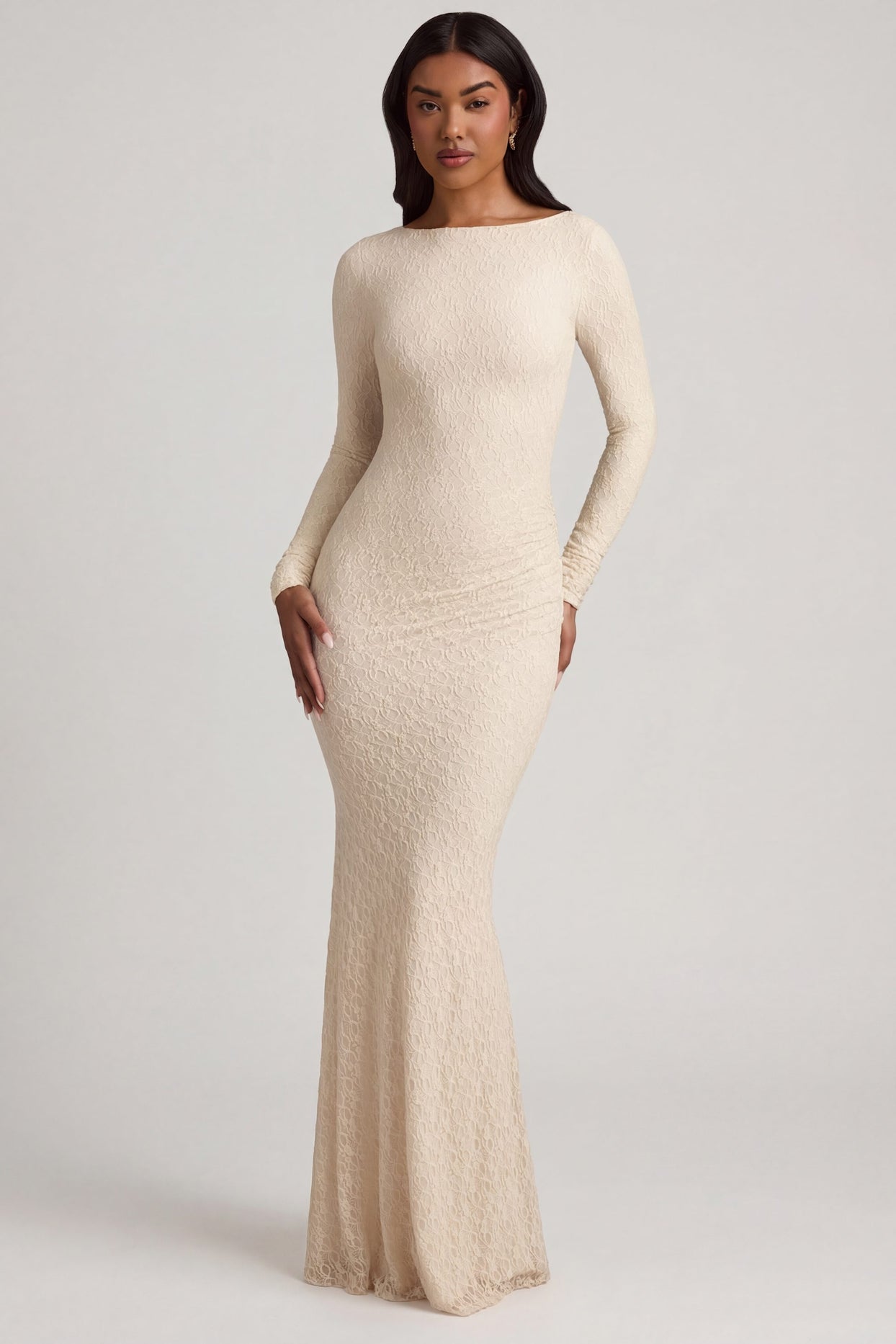 Ruched Backless Lace Maxi Dress in Ivory - 7
