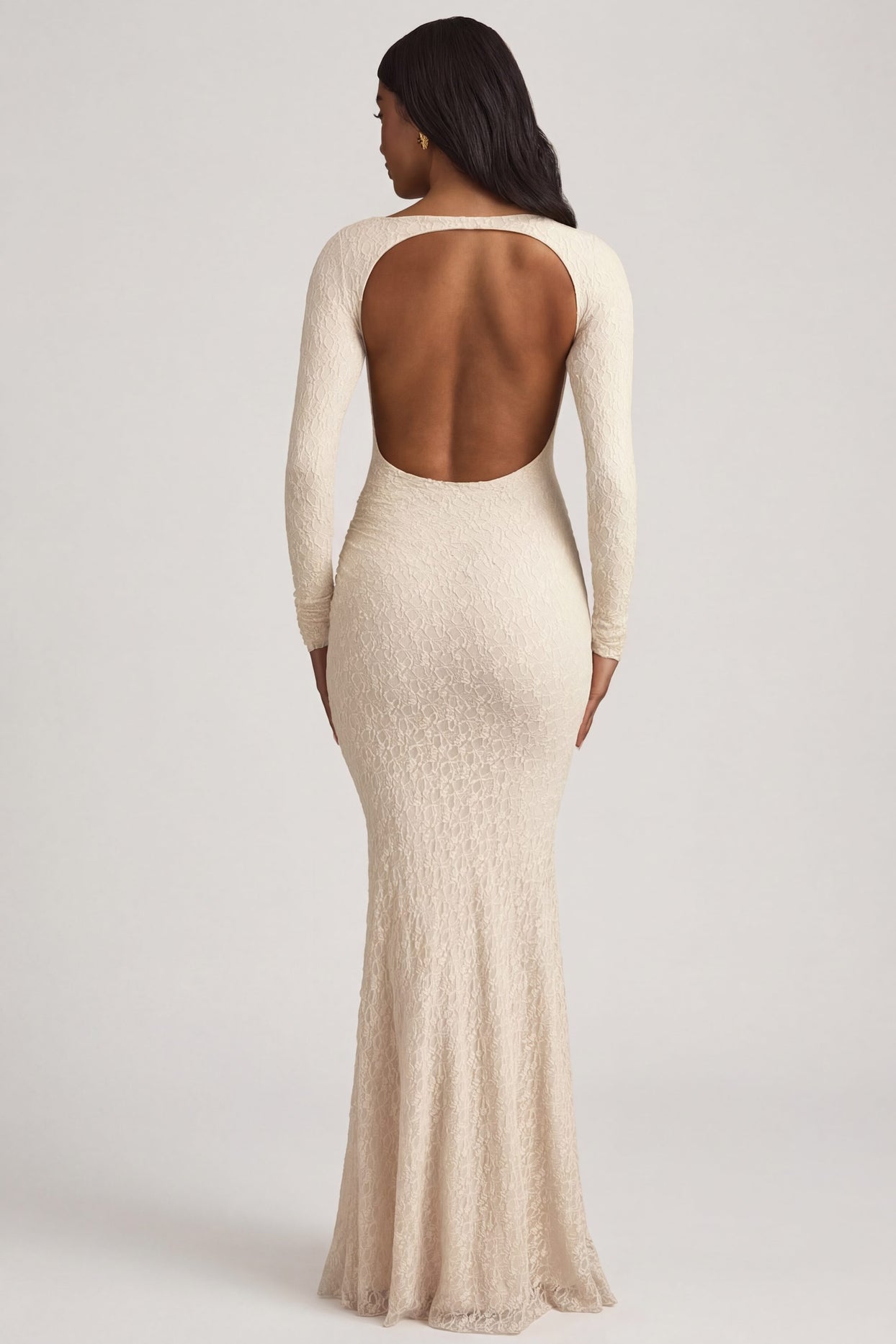 Ruched Backless Lace Maxi Dress in Ivory - 6