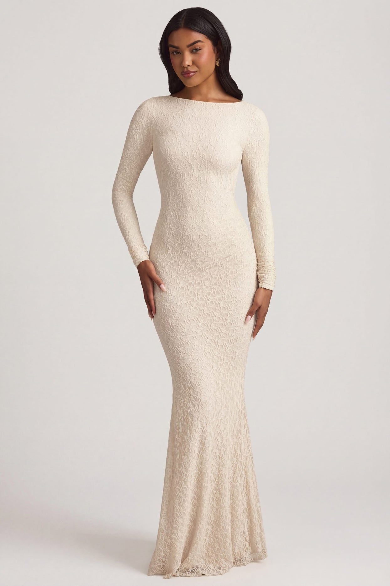 Ruched Backless Lace Maxi Dress in Ivory - 2