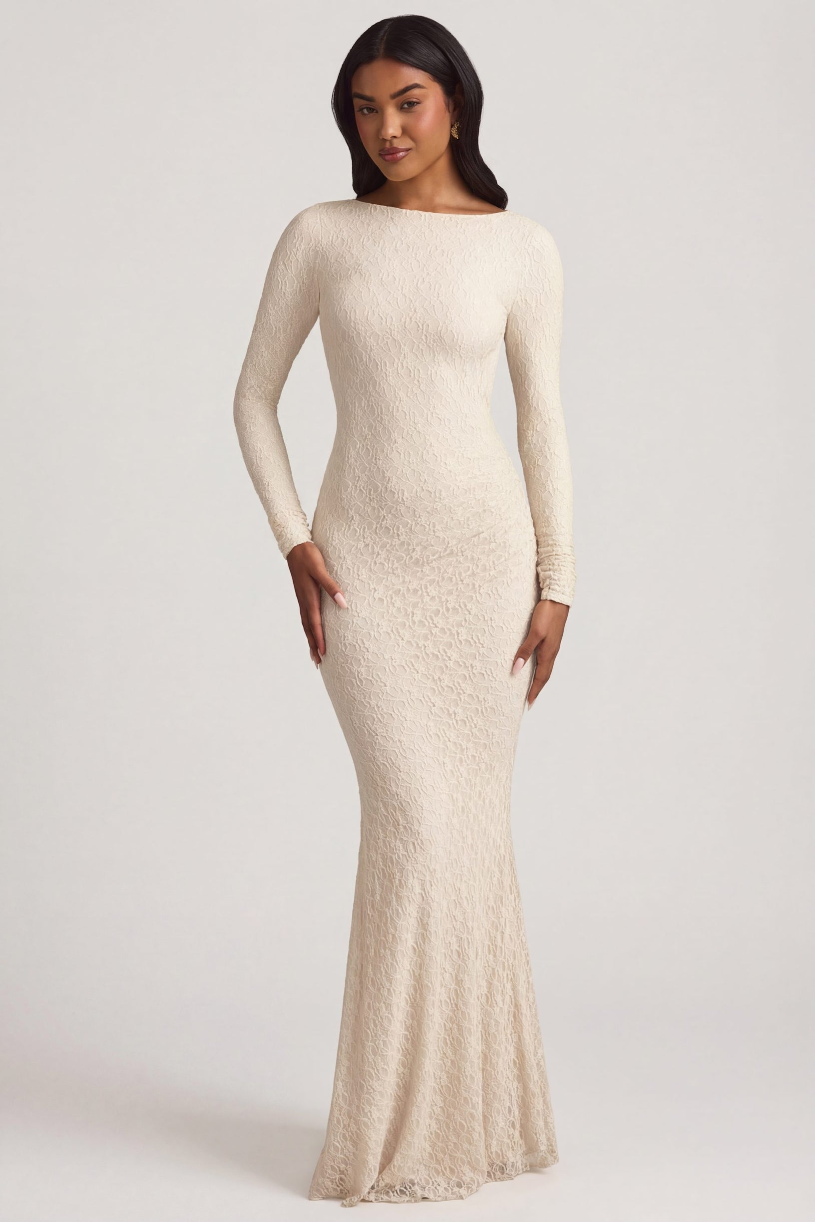 Ruched Backless Lace Maxi Dress in Ivory - 2