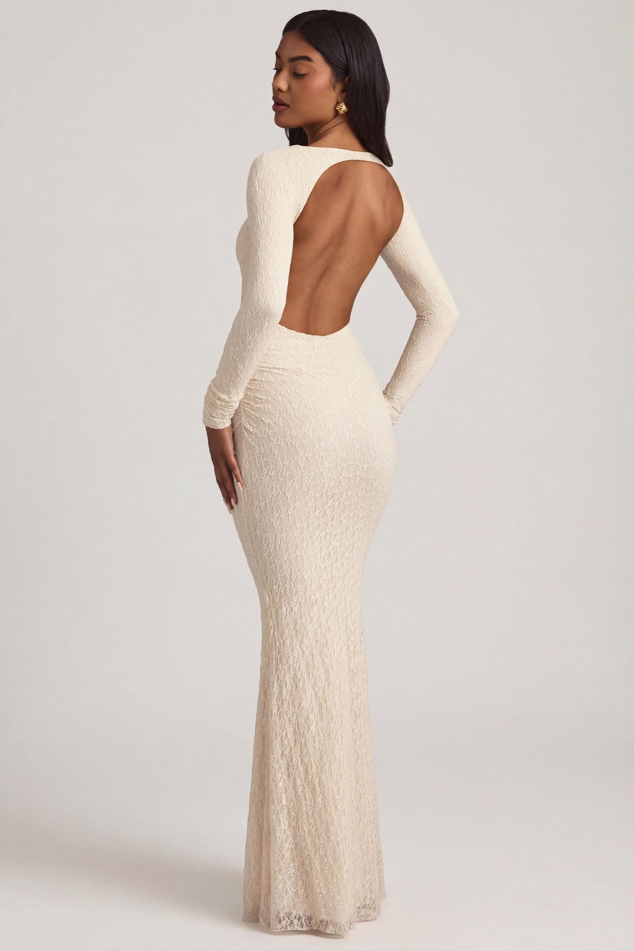Ruched Backless Lace Maxi Dress in Ivory - 8