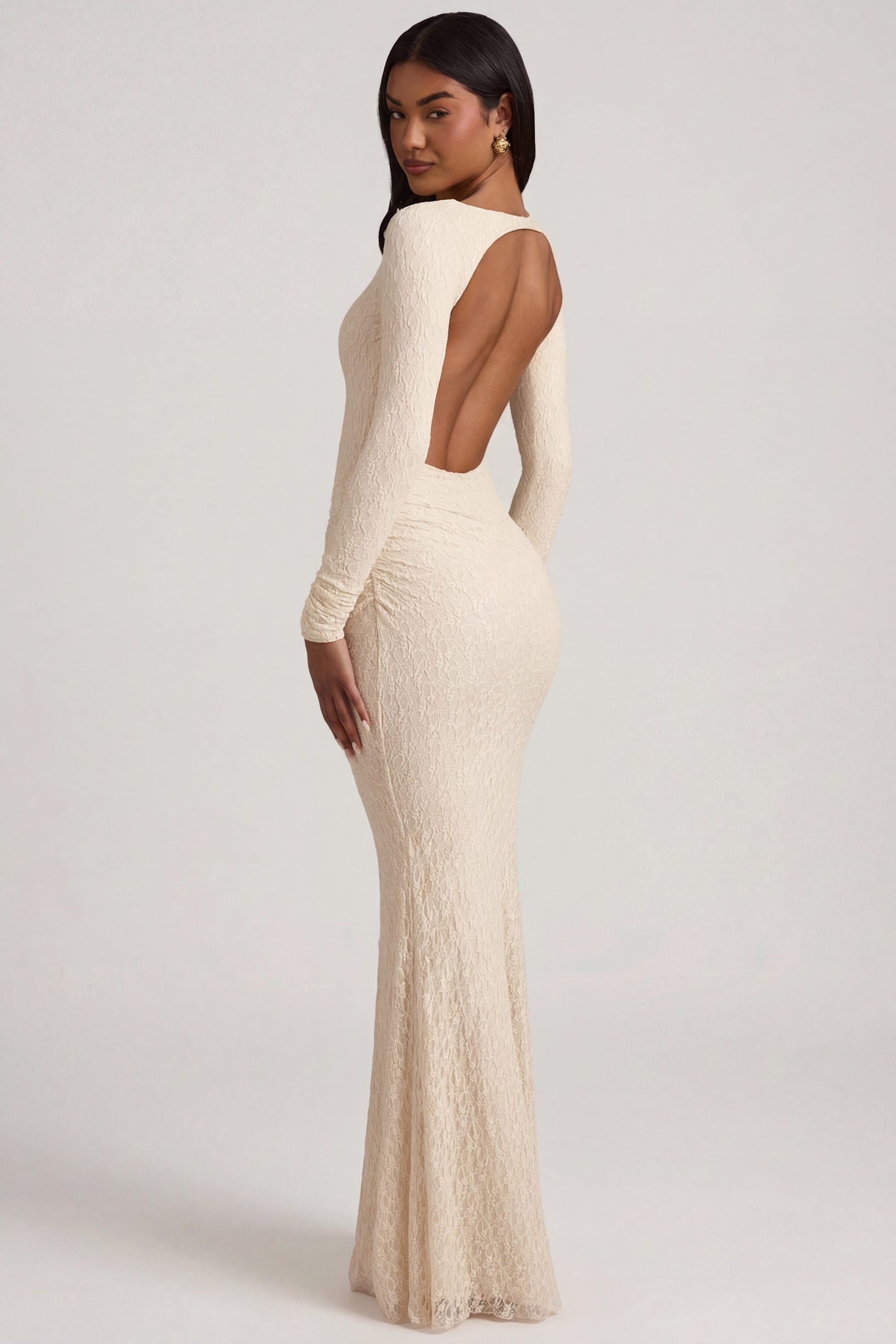 Ruched Backless Lace Maxi Dress in Ivory - 1