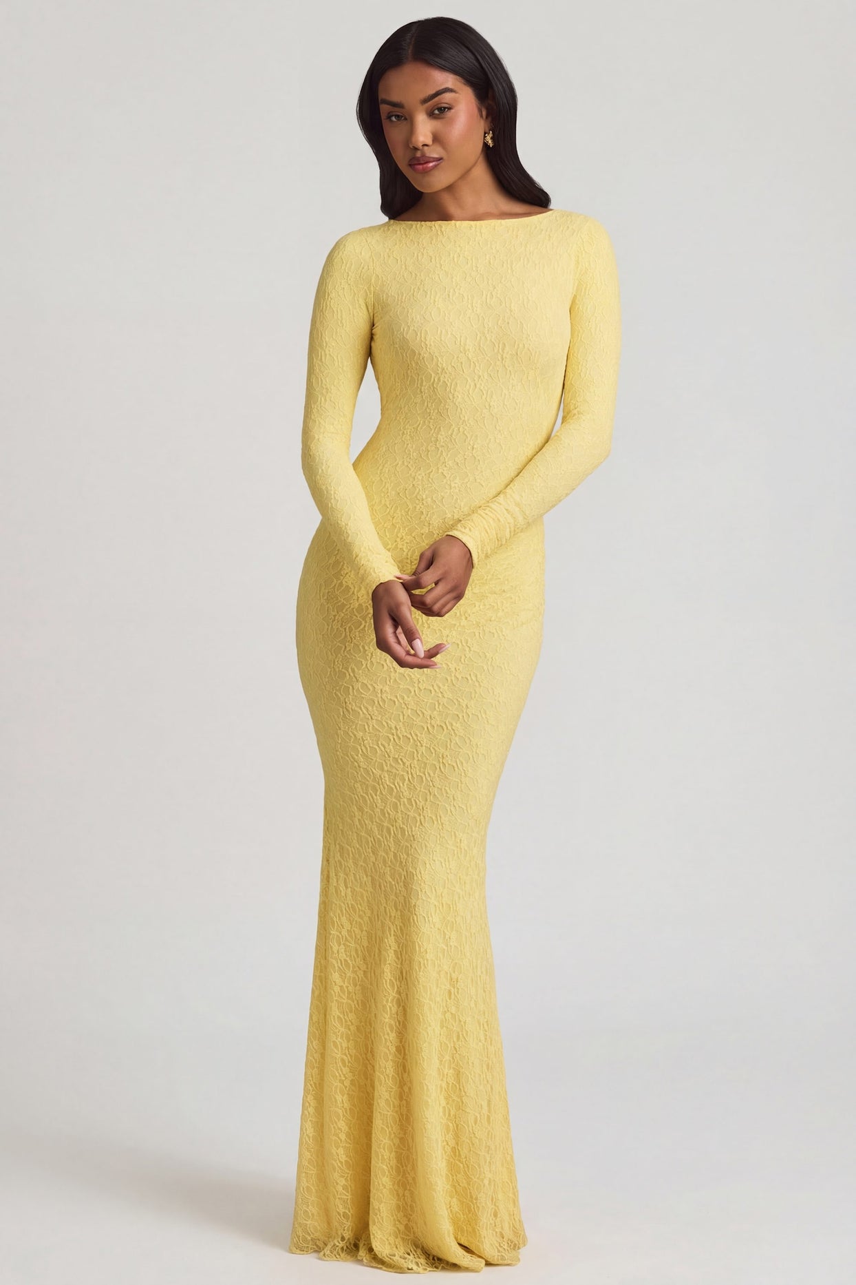 Ruched Backless Lace Maxi Dress in Pastel Yellow - 6