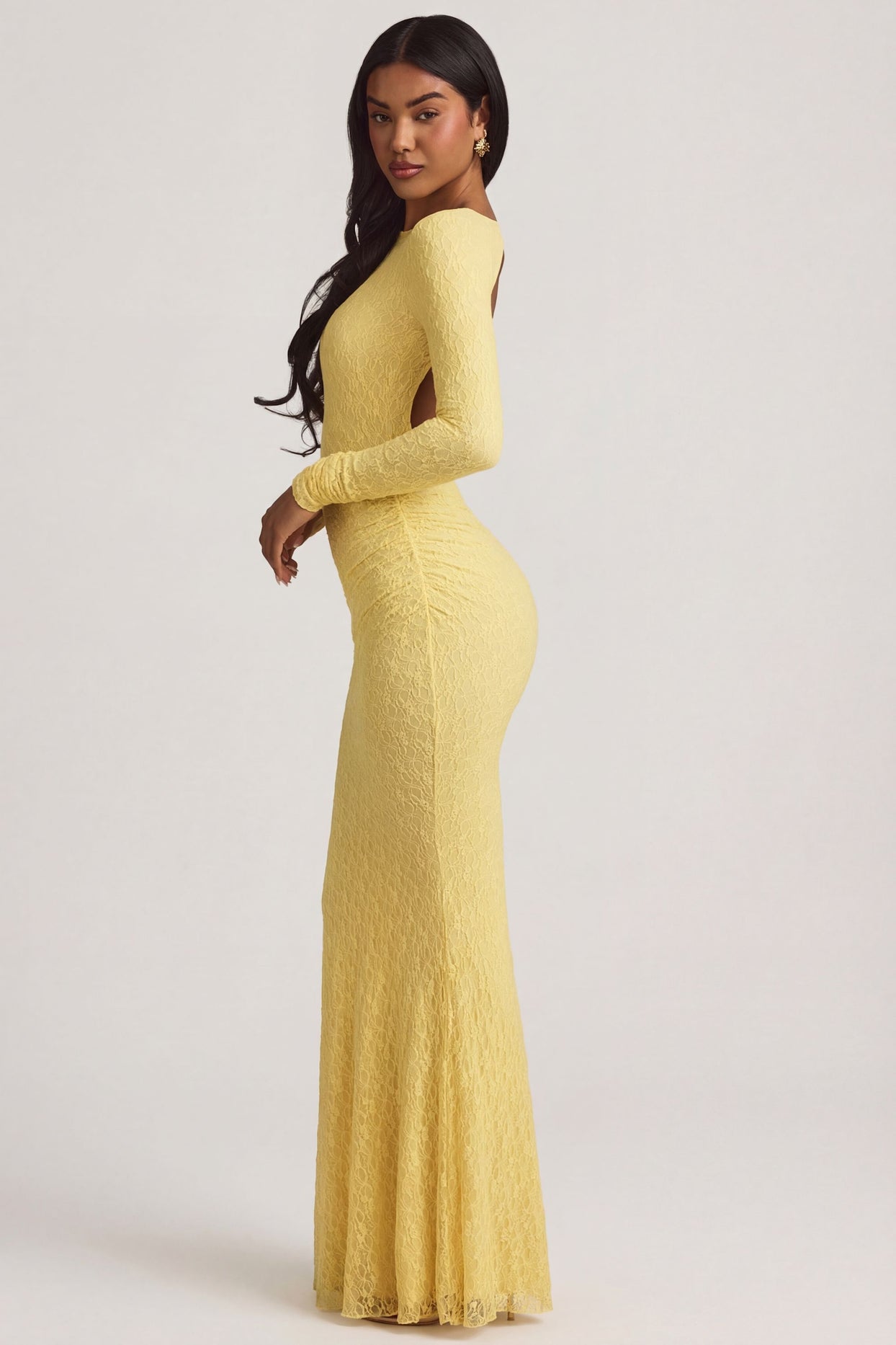 Ruched Backless Lace Maxi Dress in Pastel Yellow - 3