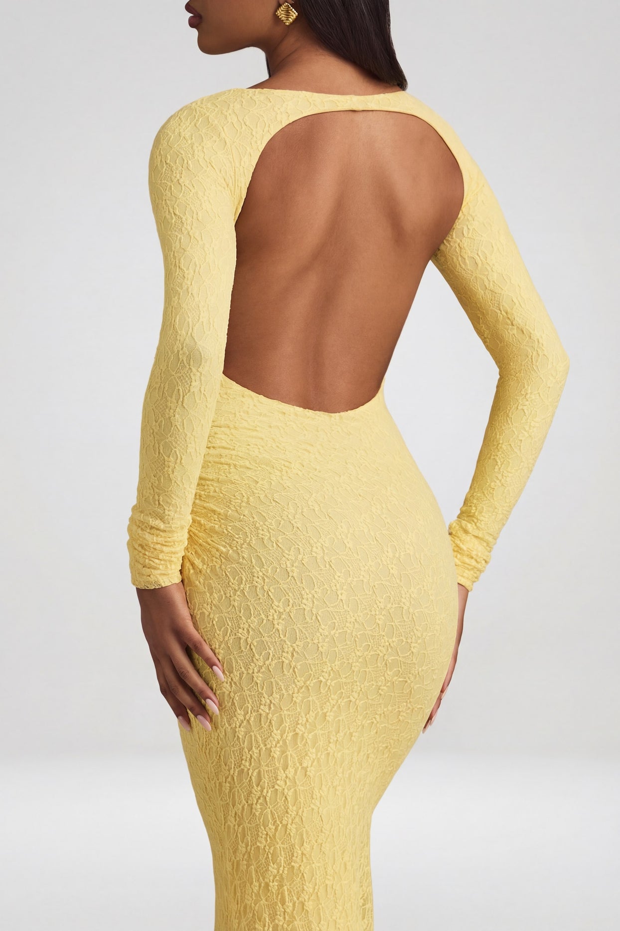 Ruched Backless Lace Maxi Dress in Pastel Yellow - 4