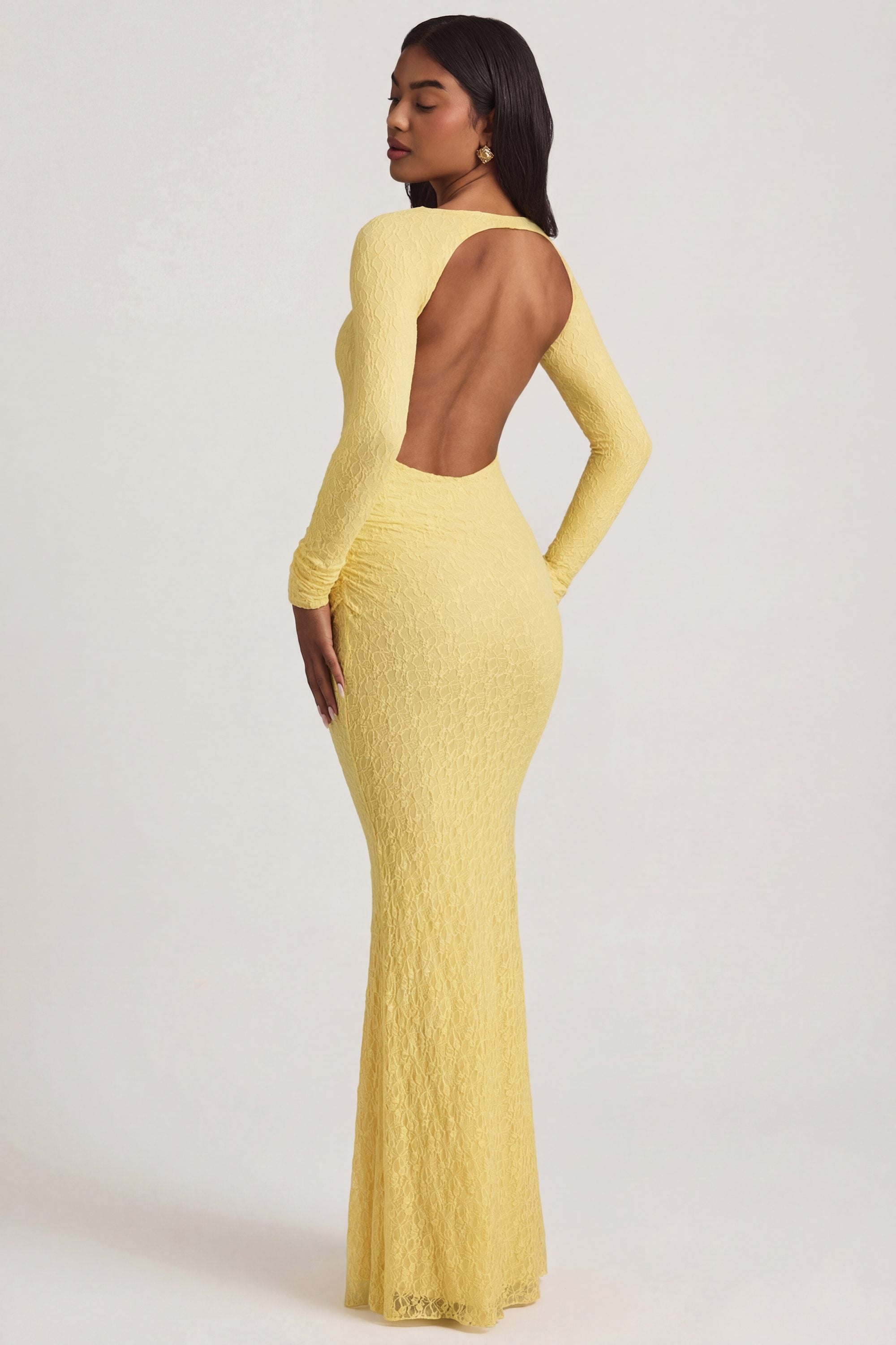 Ruched Backless Lace Maxi Dress in Pastel Yellow - 2