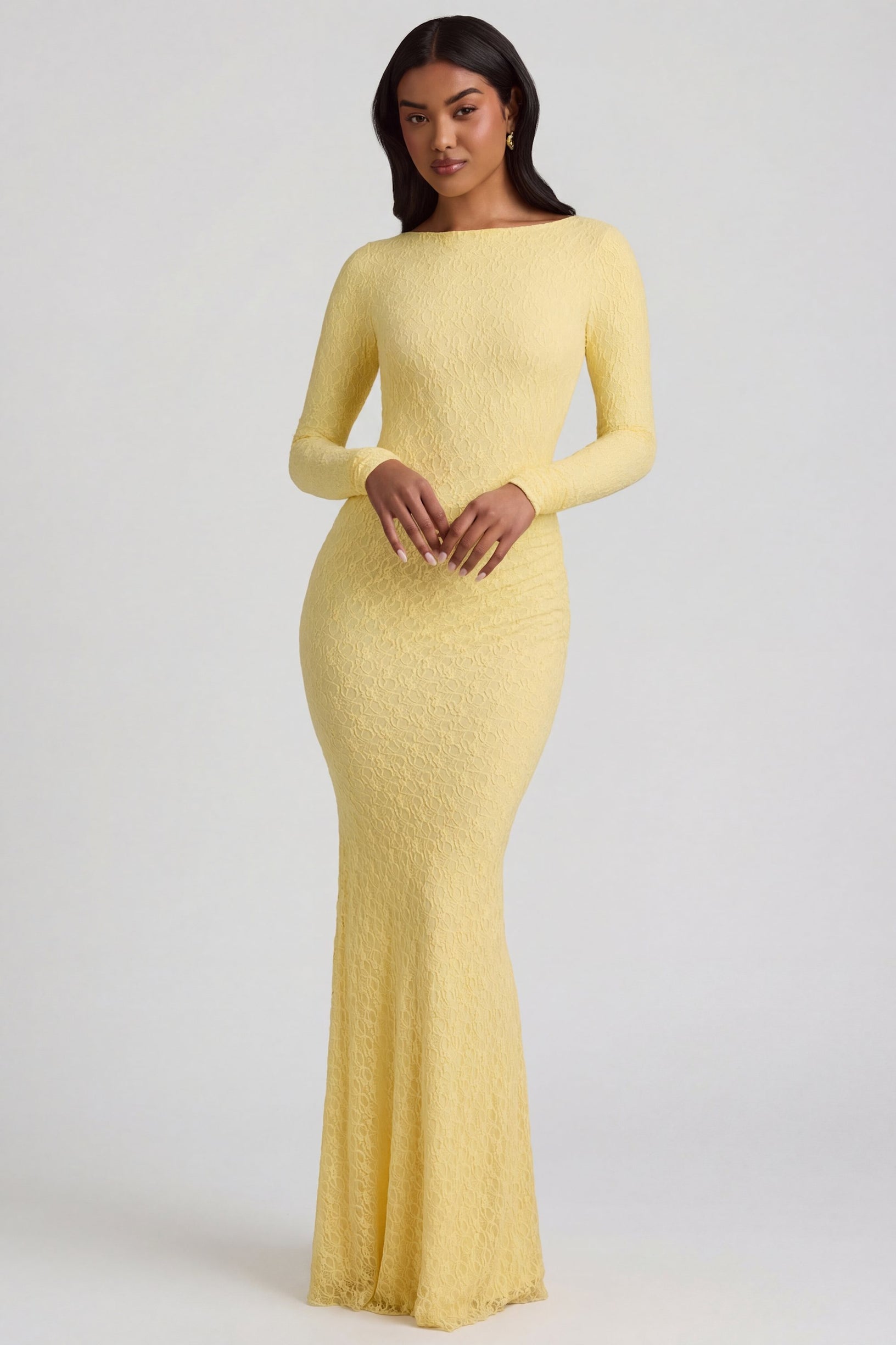 Ruched Backless Lace Maxi Dress in Pastel Yellow - 1