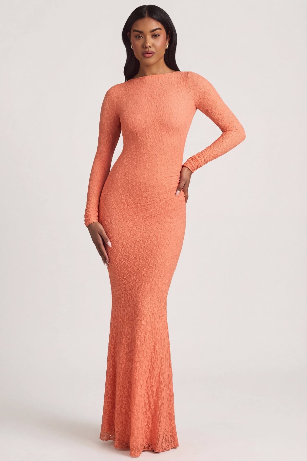 Ruched Backless Lace Maxi Dress in Peach - 5