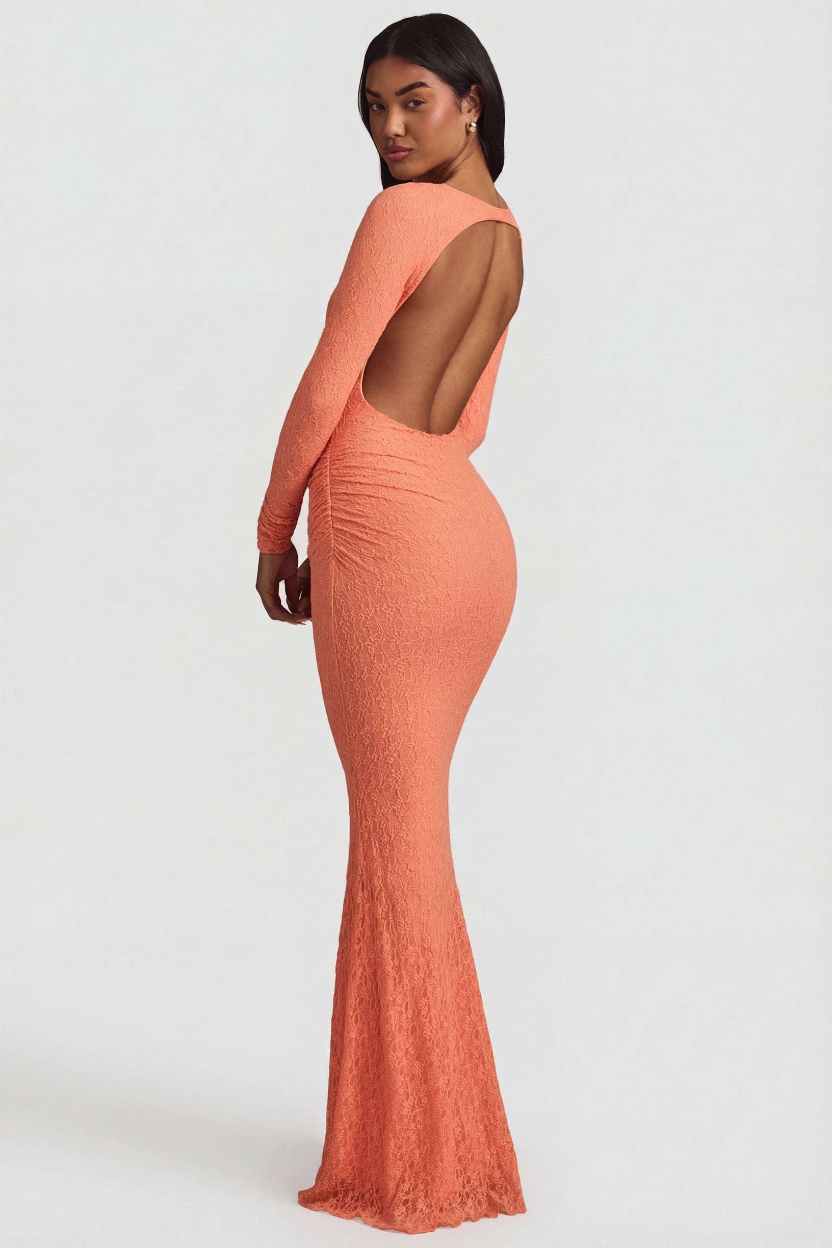 Ruched Backless Lace Maxi Dress in Peach - 1