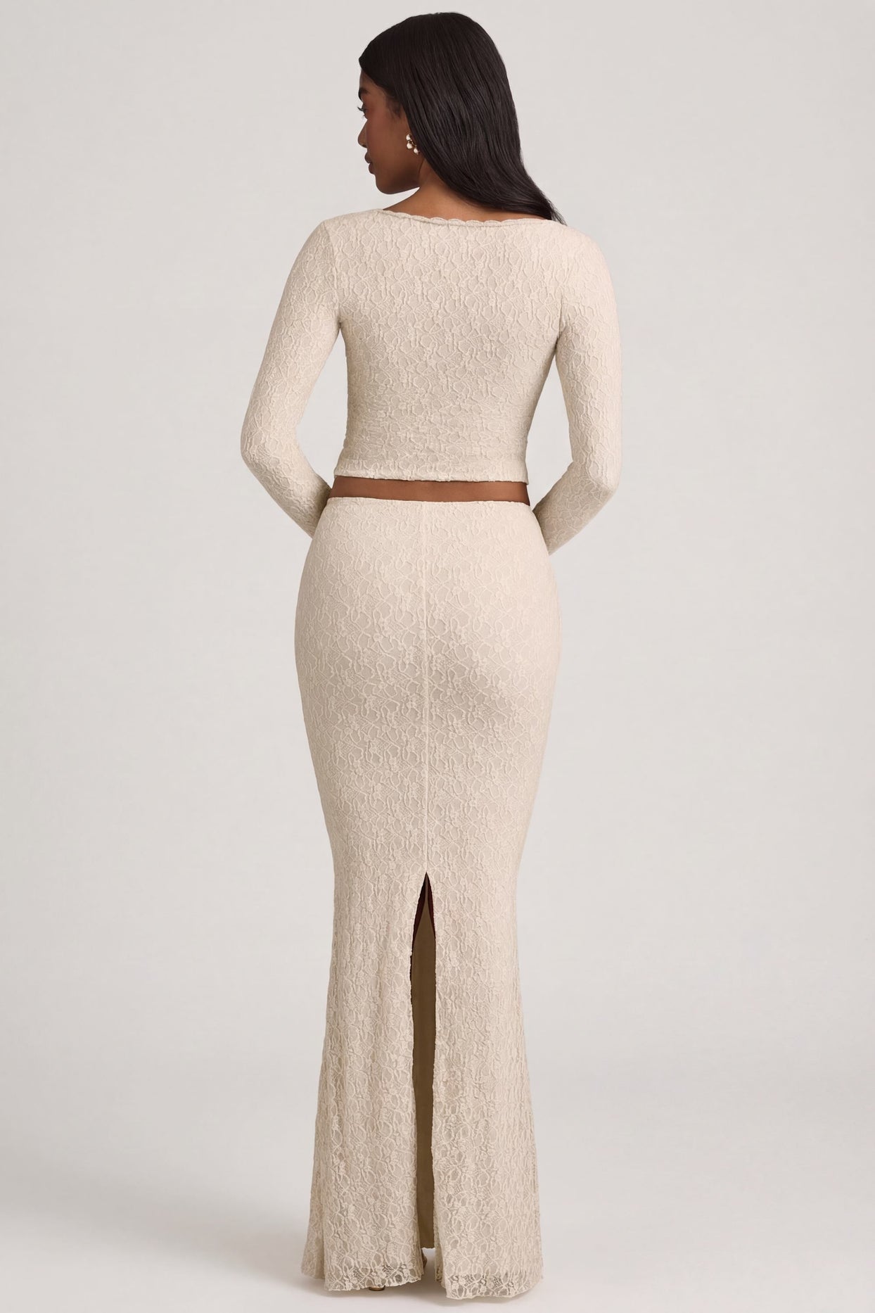 Draped Low-Rise Lace Maxi Skirt in Ivory - 5