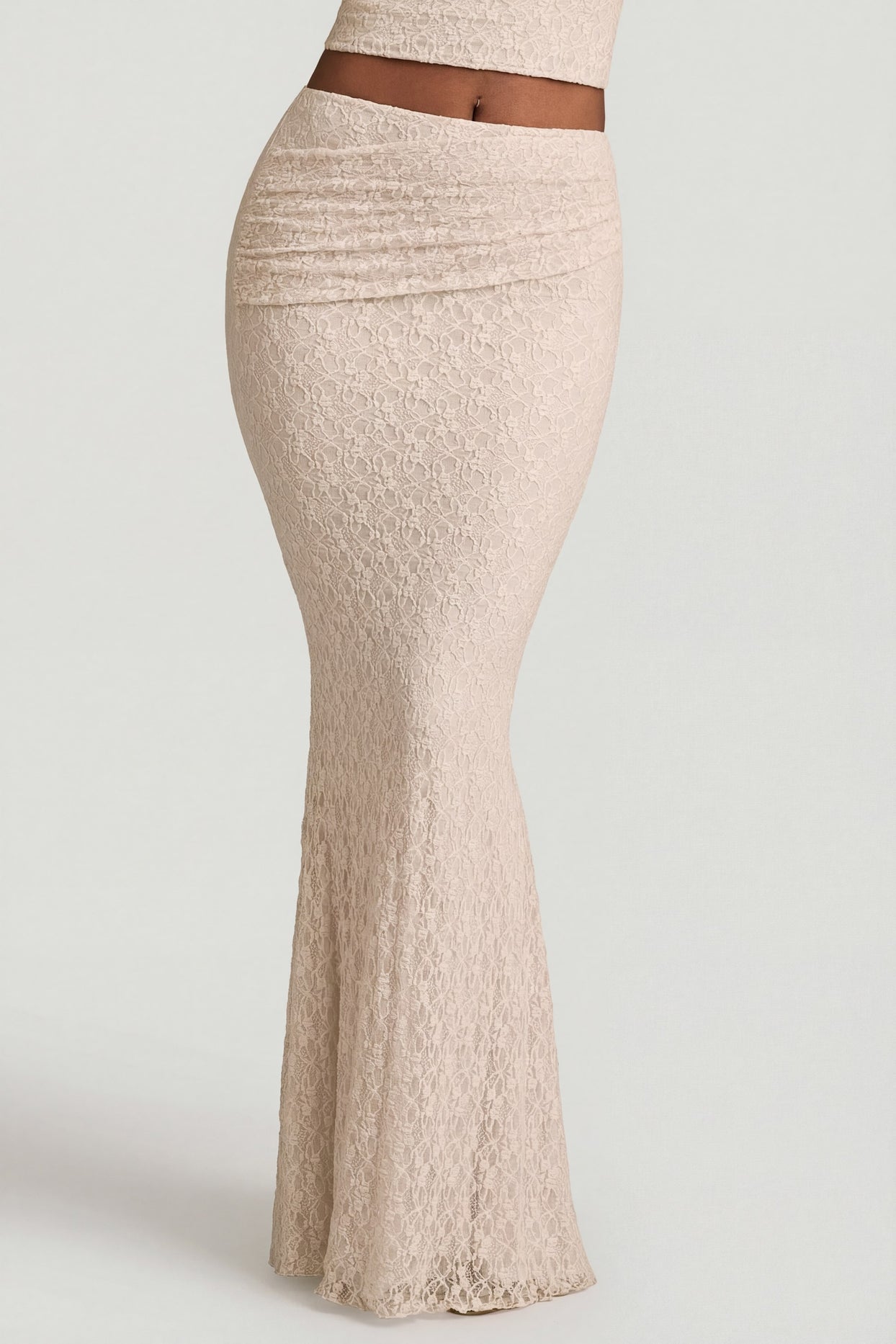 Draped Low-Rise Lace Maxi Skirt in Ivory - 4