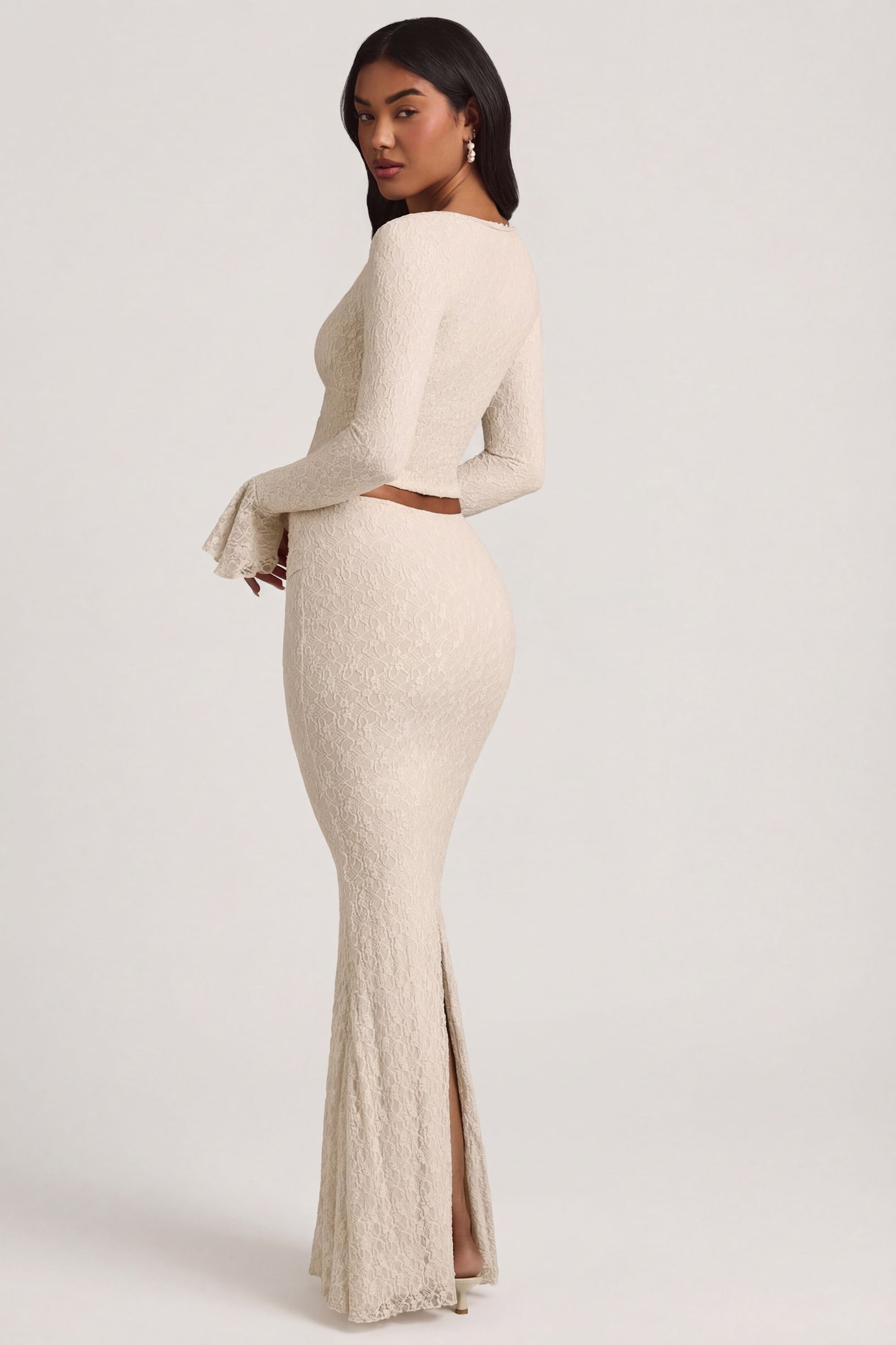 Draped Low-Rise Lace Maxi Skirt in Ivory - 2