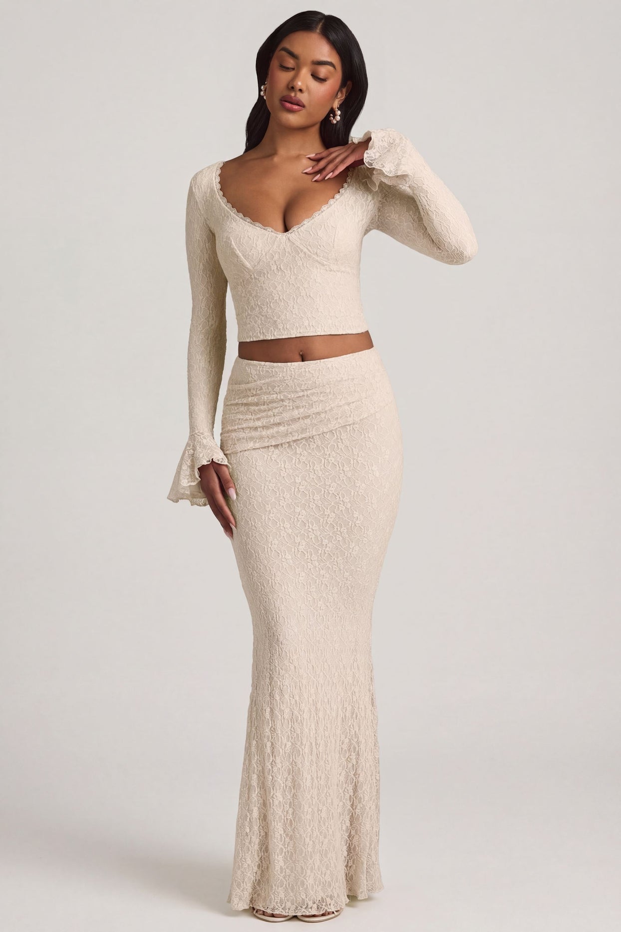 Draped Low-Rise Lace Maxi Skirt in Ivory - 6