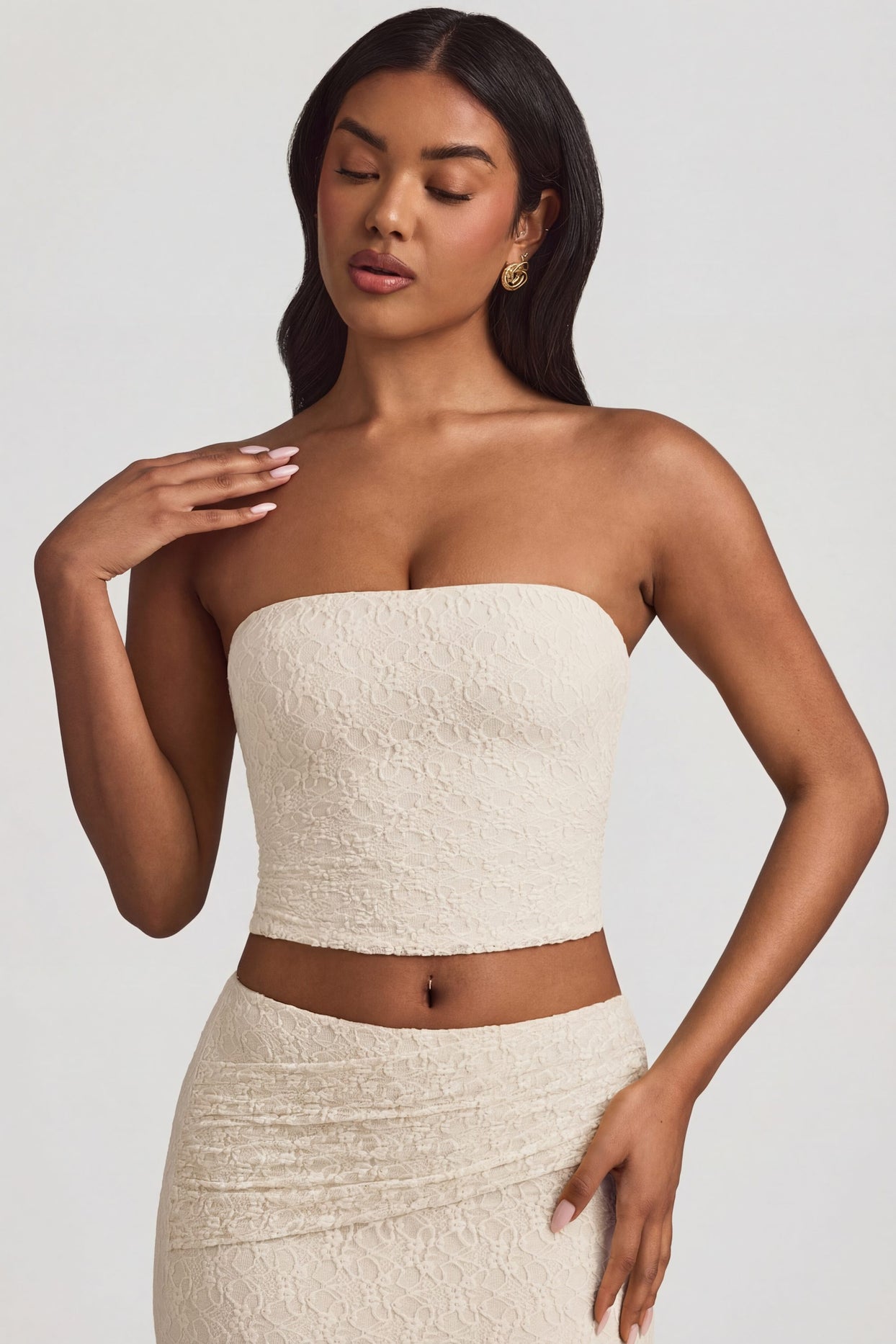 Ruched Strapless Lace Top in Ivory - 4