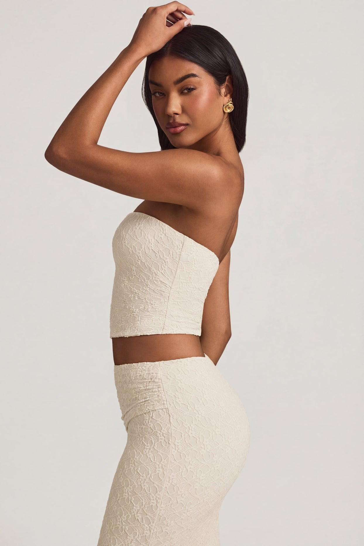 Ruched Strapless Lace Top in Ivory - 3