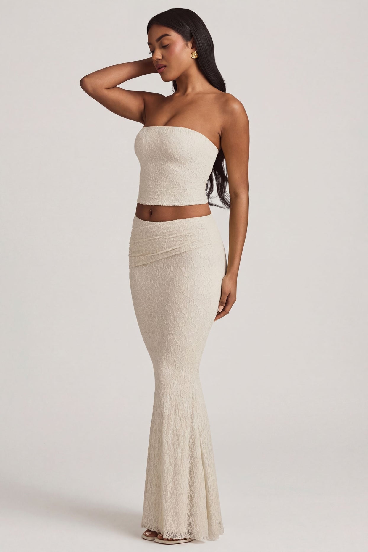 Ruched Strapless Lace Top in Ivory - 6