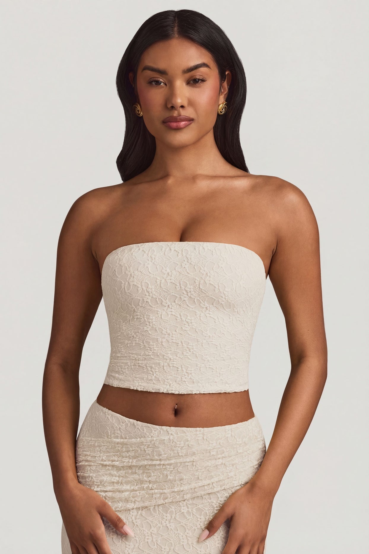 Ruched Strapless Lace Top in Ivory - 1