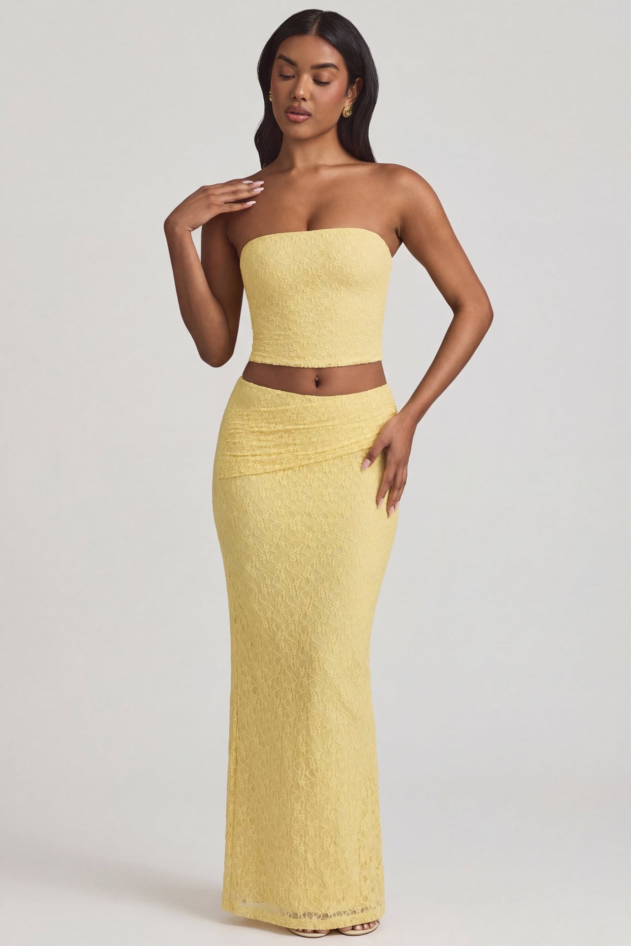Ruched Strapless Lace Top in Pastel Yellow - 6