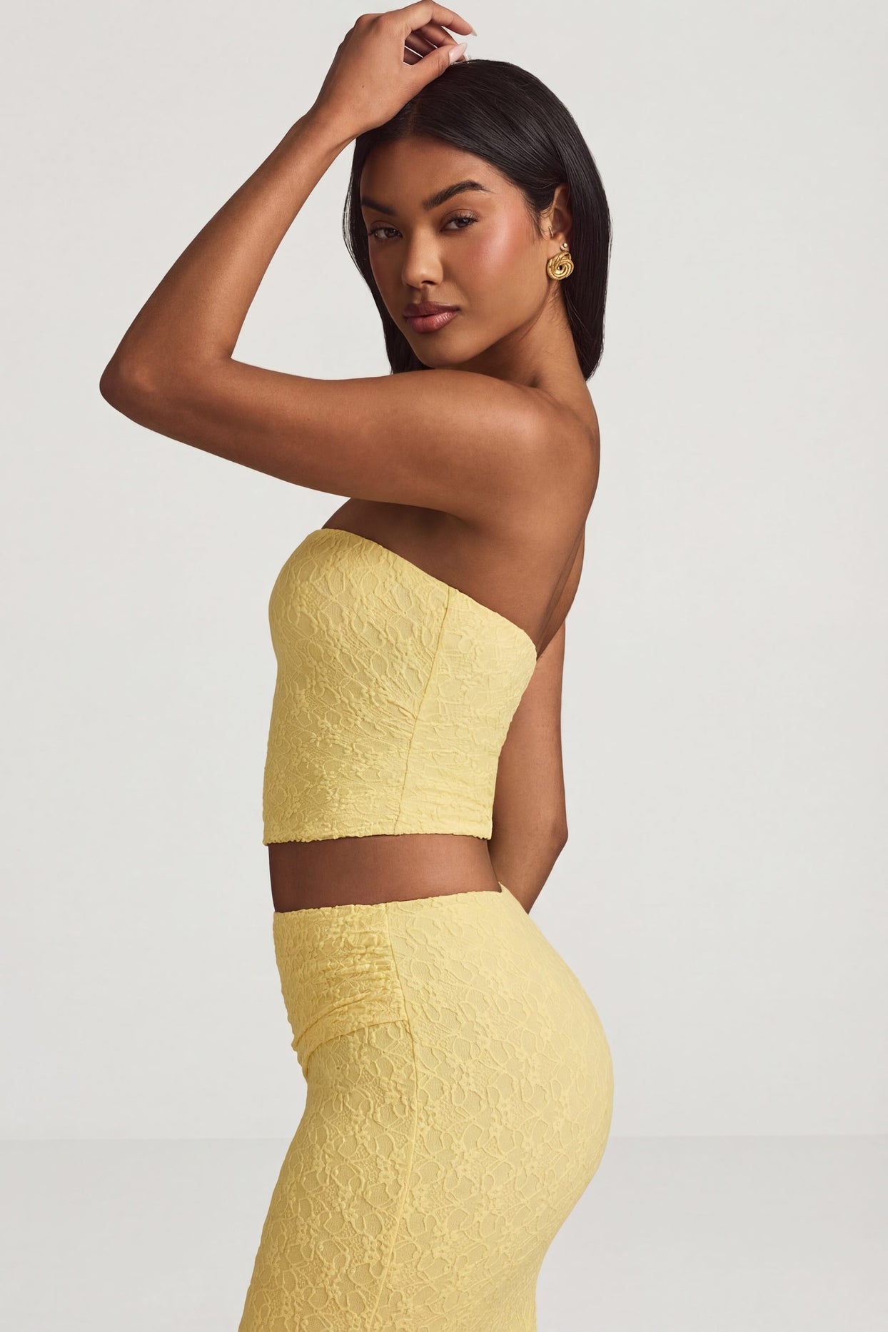 Ruched Strapless Lace Top in Pastel Yellow - 3