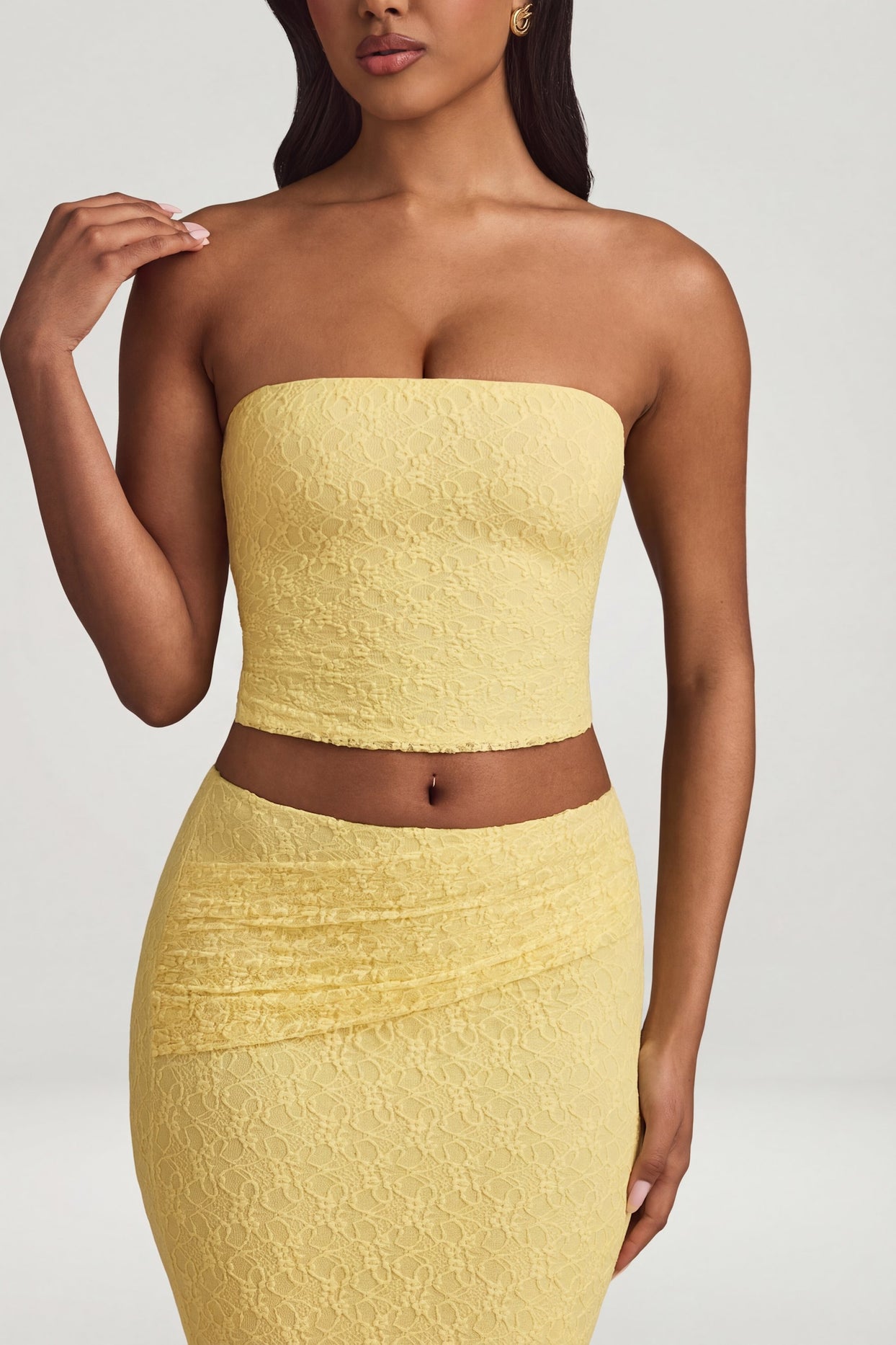 Ruched Strapless Lace Top in Pastel Yellow - 4
