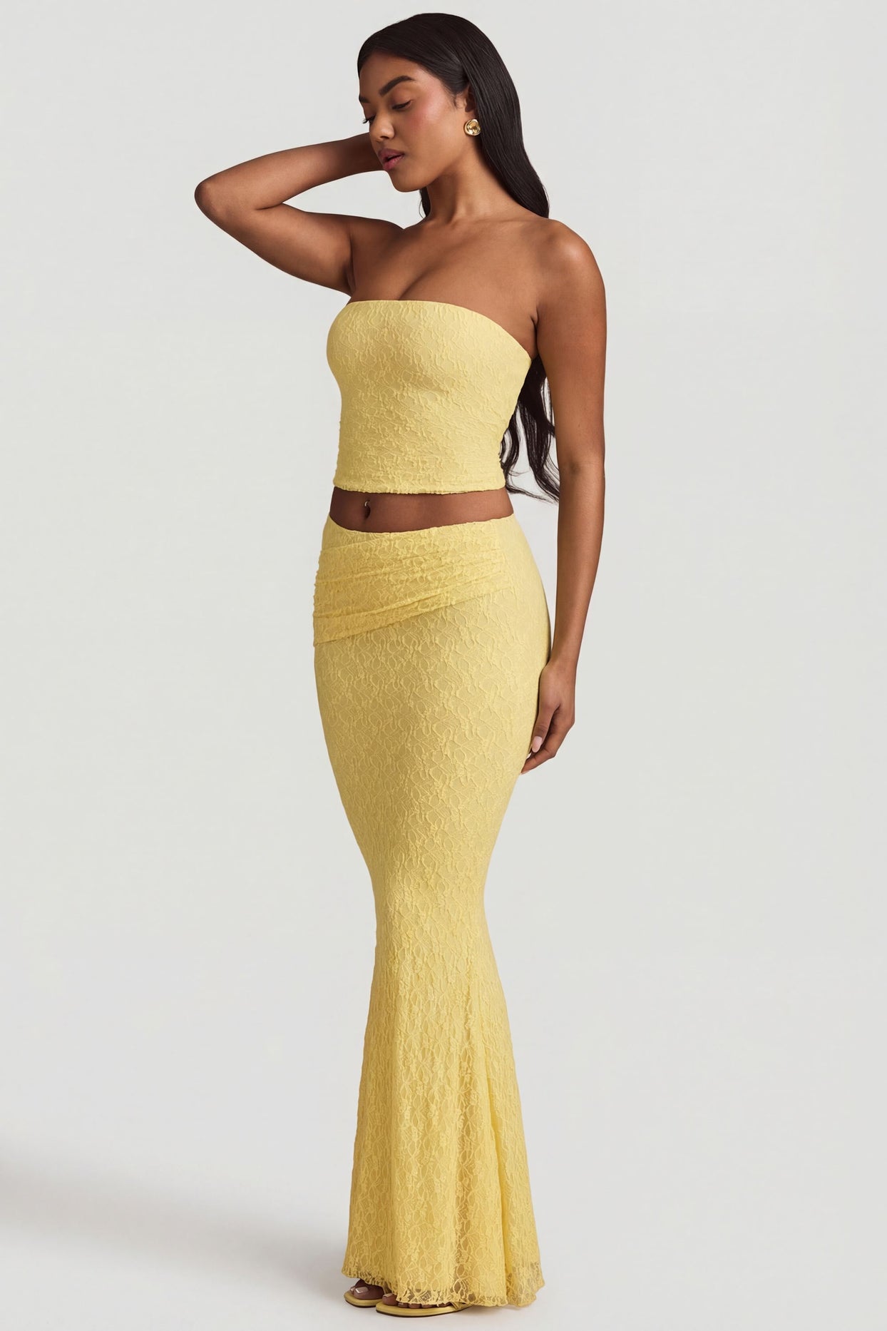 Ruched Strapless Lace Top in Pastel Yellow - 5