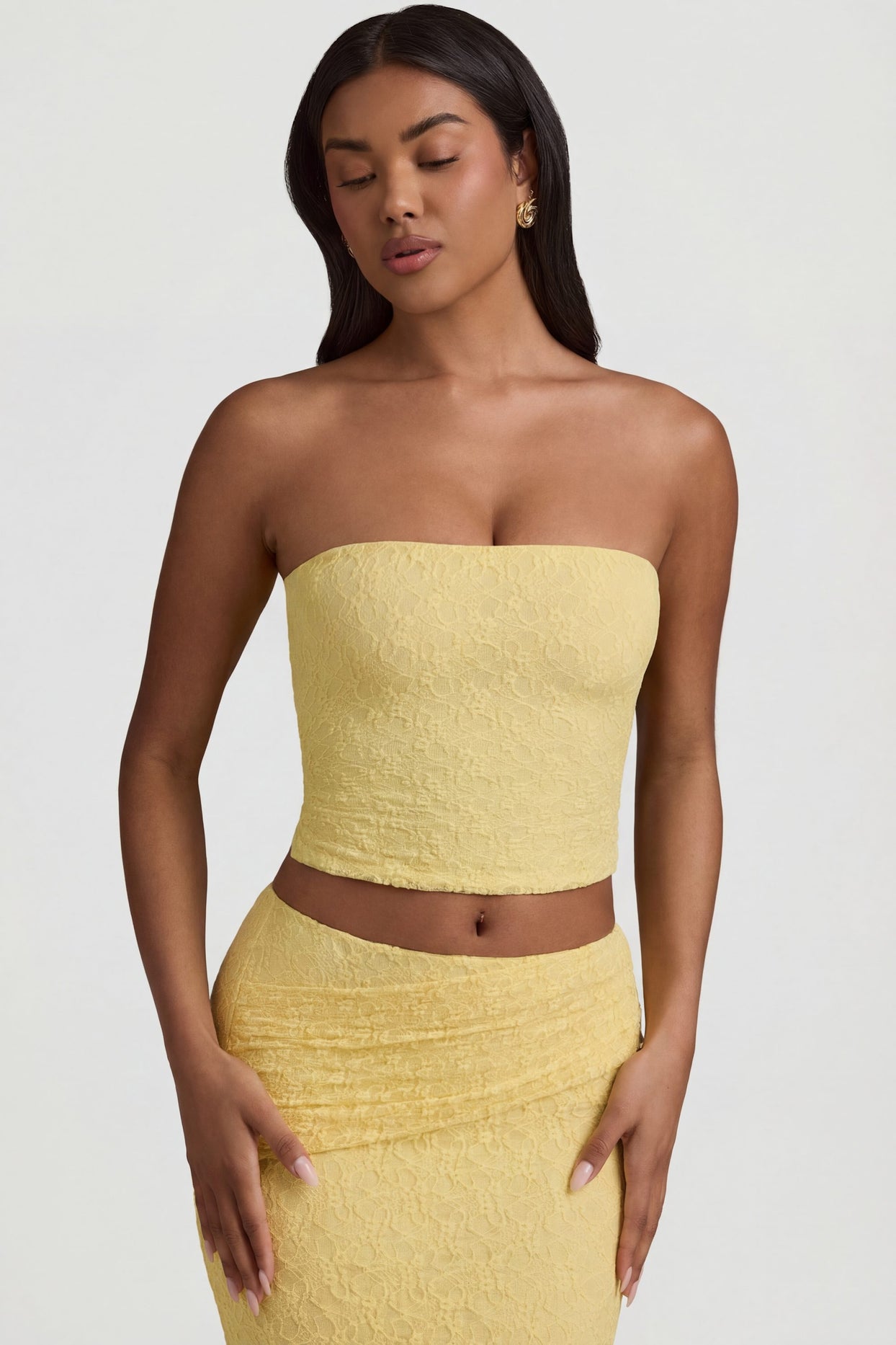 Ruched Strapless Lace Top in Pastel Yellow - 1