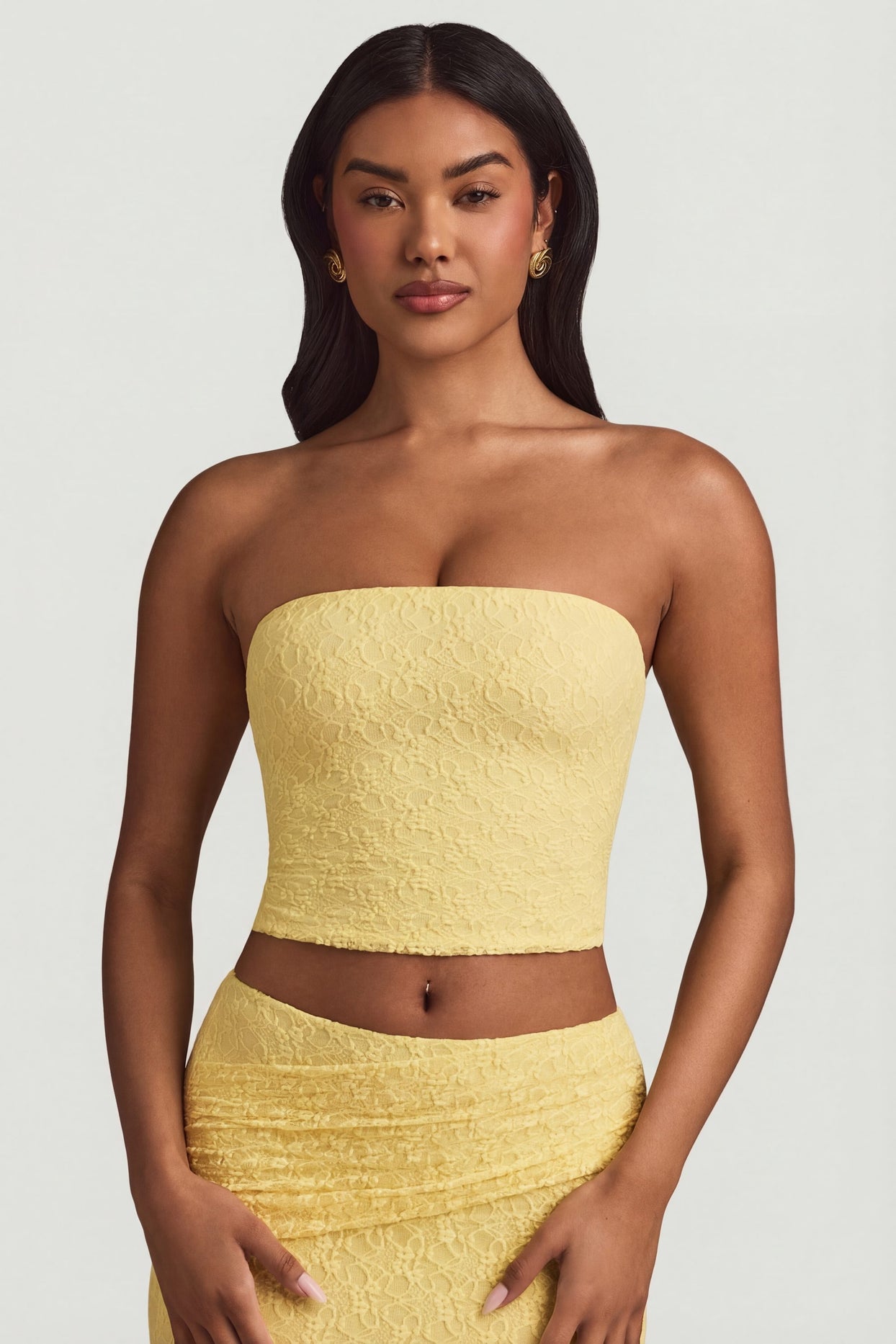 Ruched Strapless Lace Top in Pastel Yellow - 7