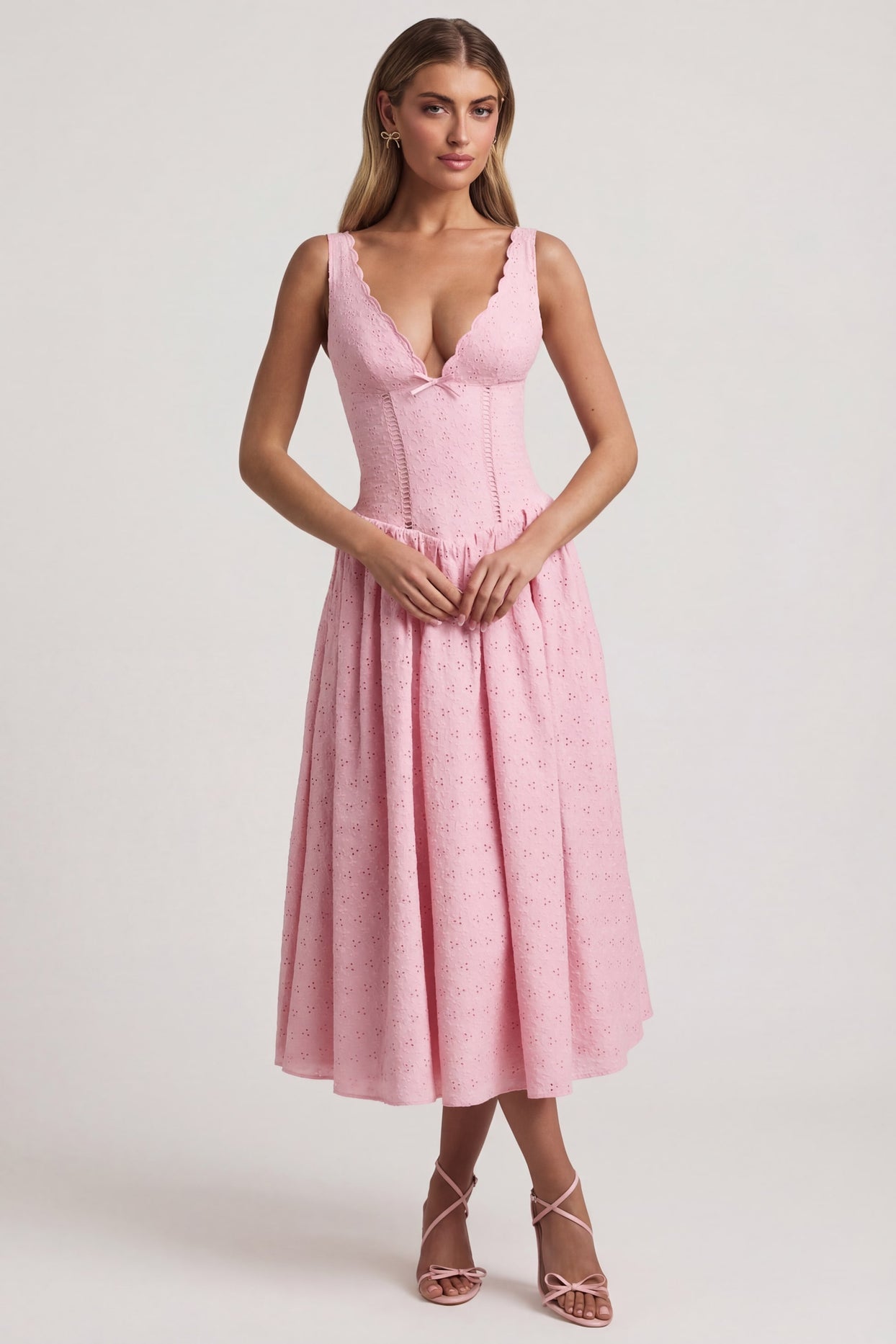 Broderie Anglaise Bow-Detail A-Line Midaxi Dress in Soft Pink - 8