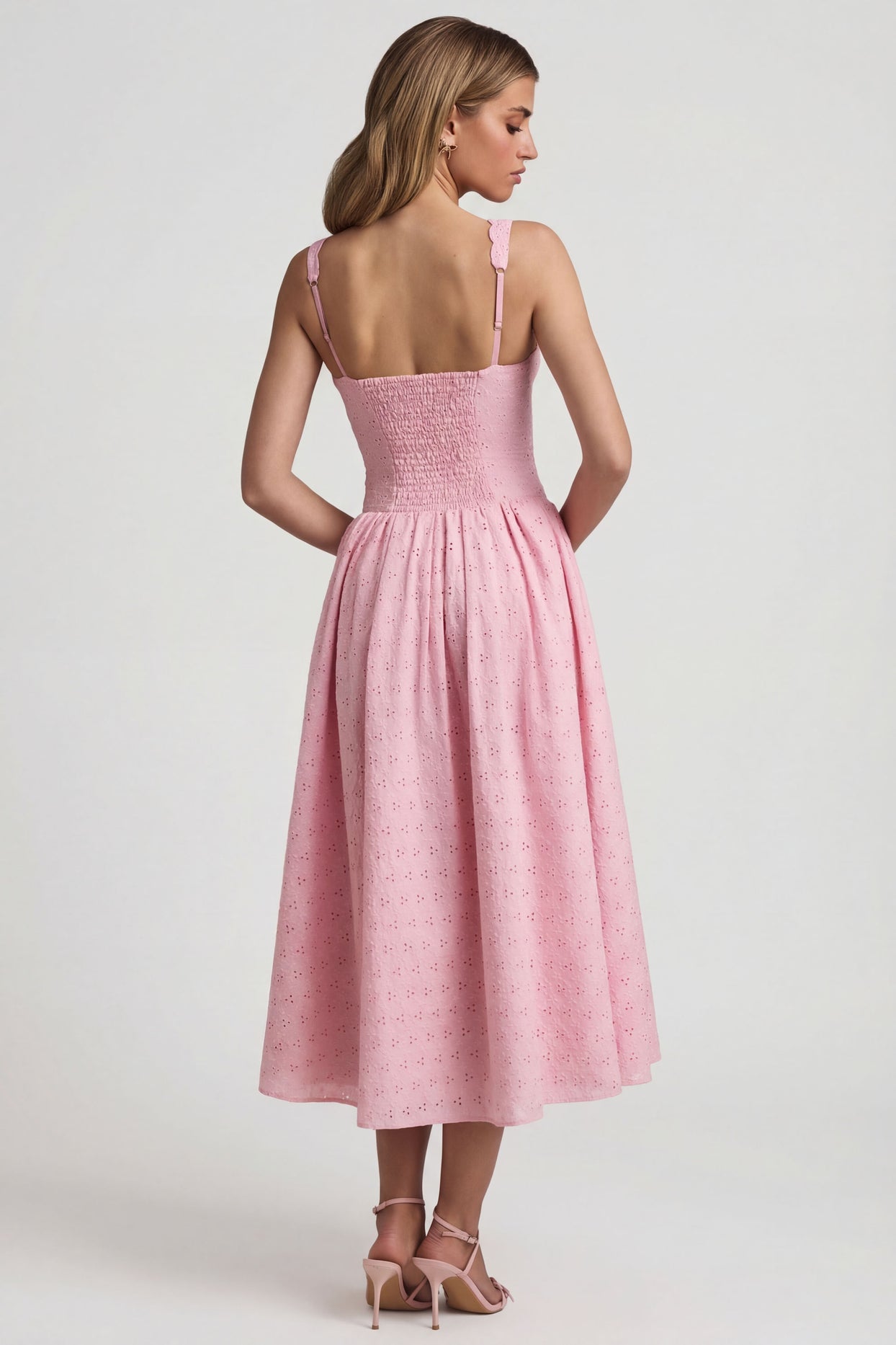 Broderie Anglaise Bow-Detail A-Line Midaxi Dress in Soft Pink - 2