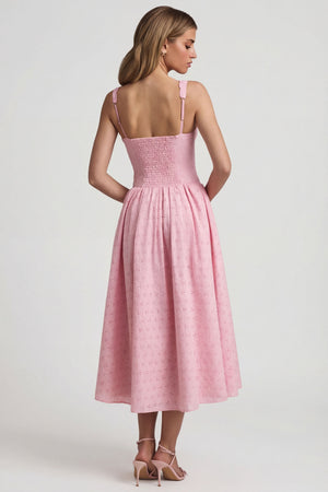 Oh Polly's Freya Tidy wearing the Saidey Midaxi Dress in Soft Pink Woven fabric perfect for spring garden parties