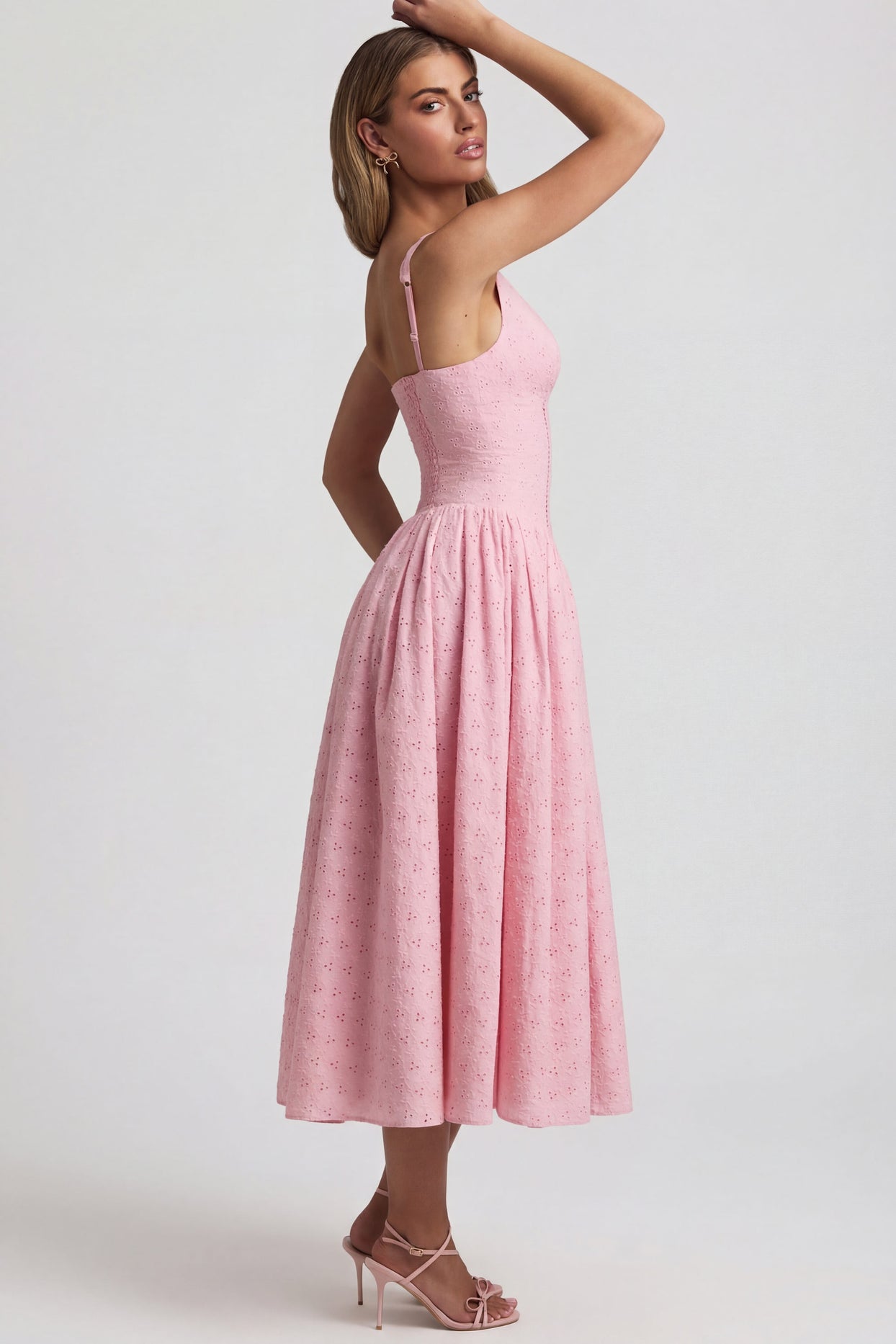 Broderie Anglaise Bow-Detail A-Line Midaxi Dress in Soft Pink - 3