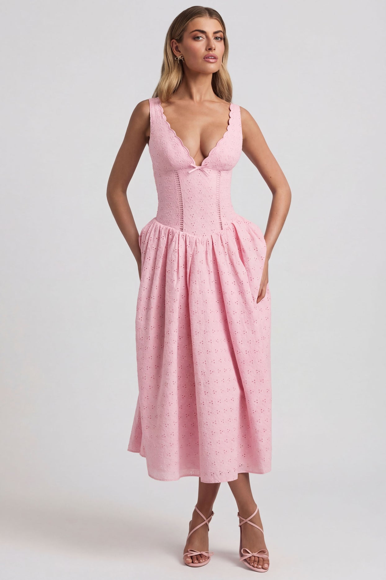 Broderie Anglaise Bow-Detail A-Line Midaxi Dress in Soft Pink - 9