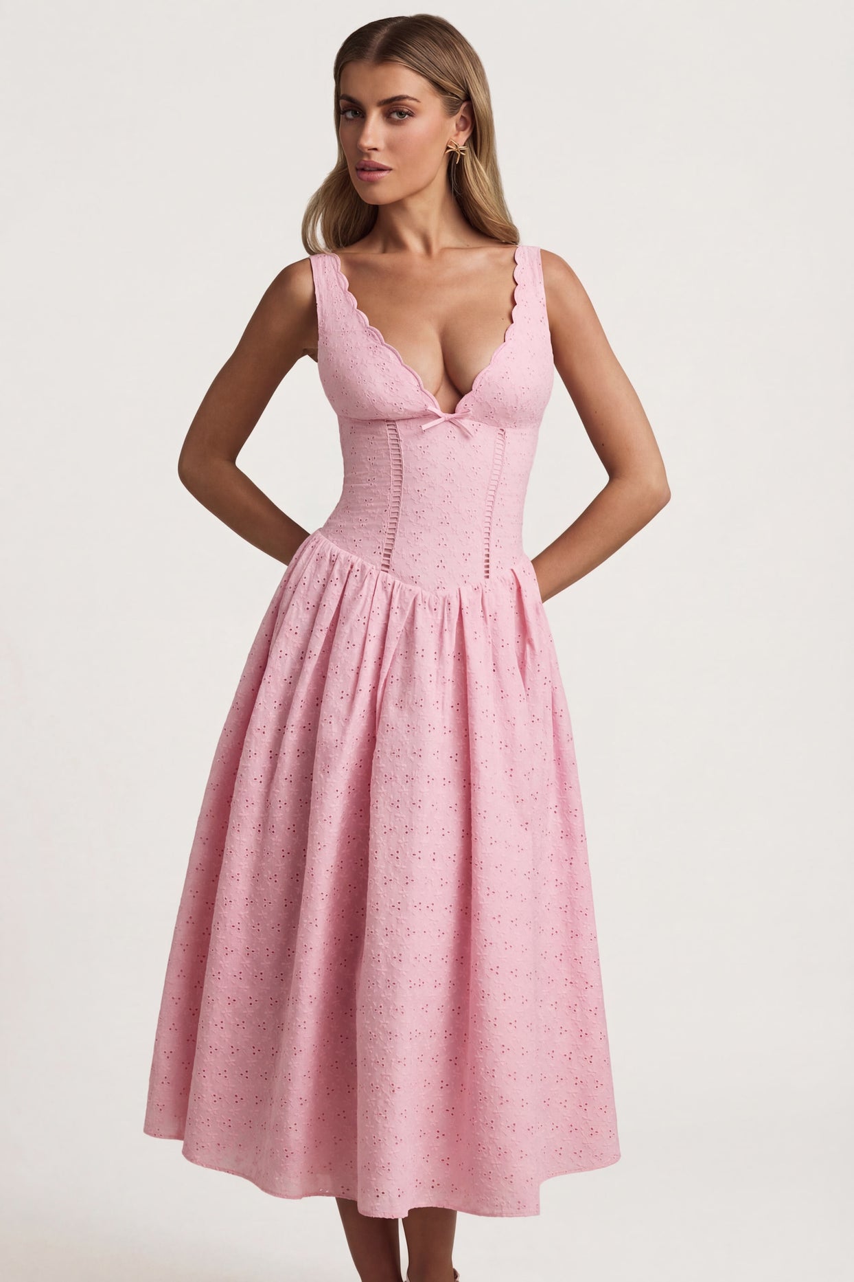 Broderie Anglaise Bow-Detail A-Line Midaxi Dress in Soft Pink - 7