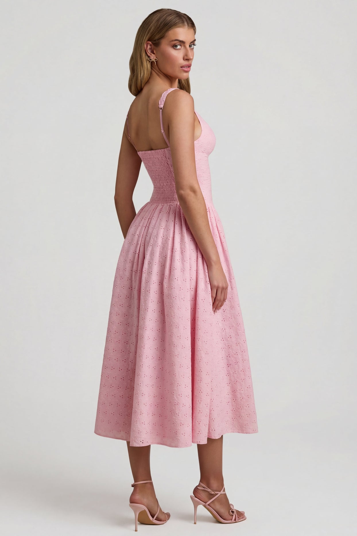 Broderie Anglaise Bow-Detail A-Line Midaxi Dress in Soft Pink - 6